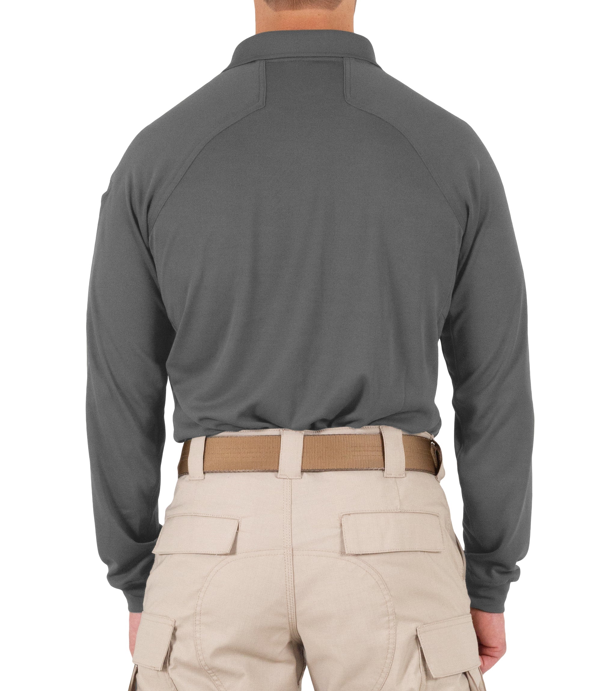 Back of Men's Performance Long Sleeve Polo in Wolf Grey |color_wolf grey