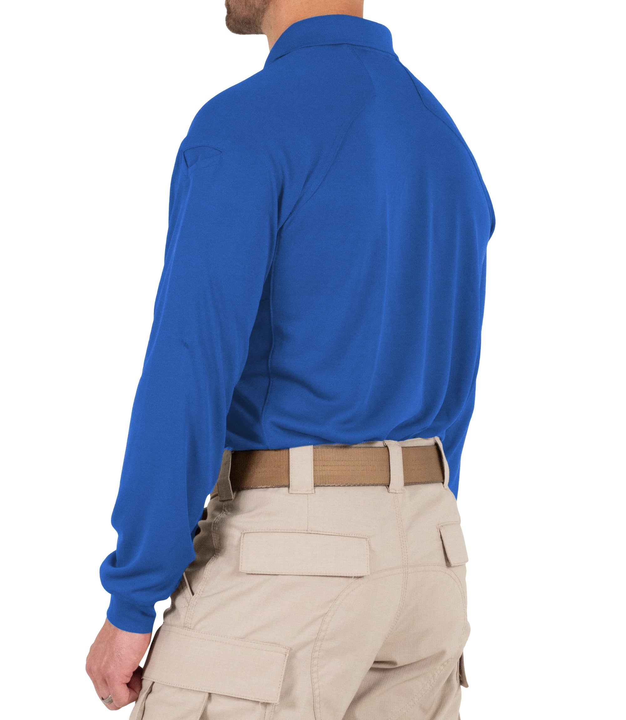 Side of Men's Performance Long Sleeve Polo in Academy Blue |color_academy blue