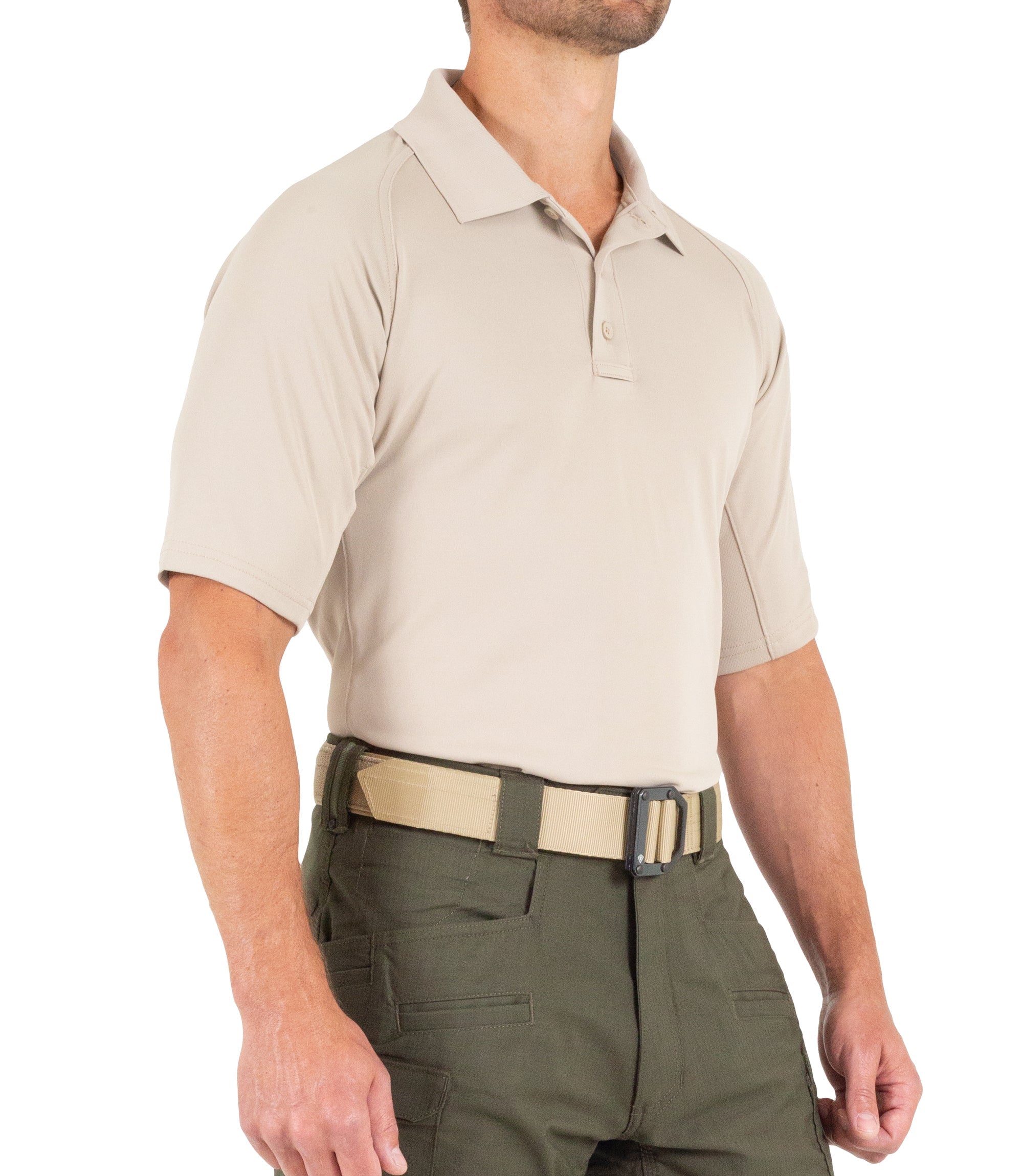 Side of Men's Performance Short Sleeve Polo in Khaki |color_khaki