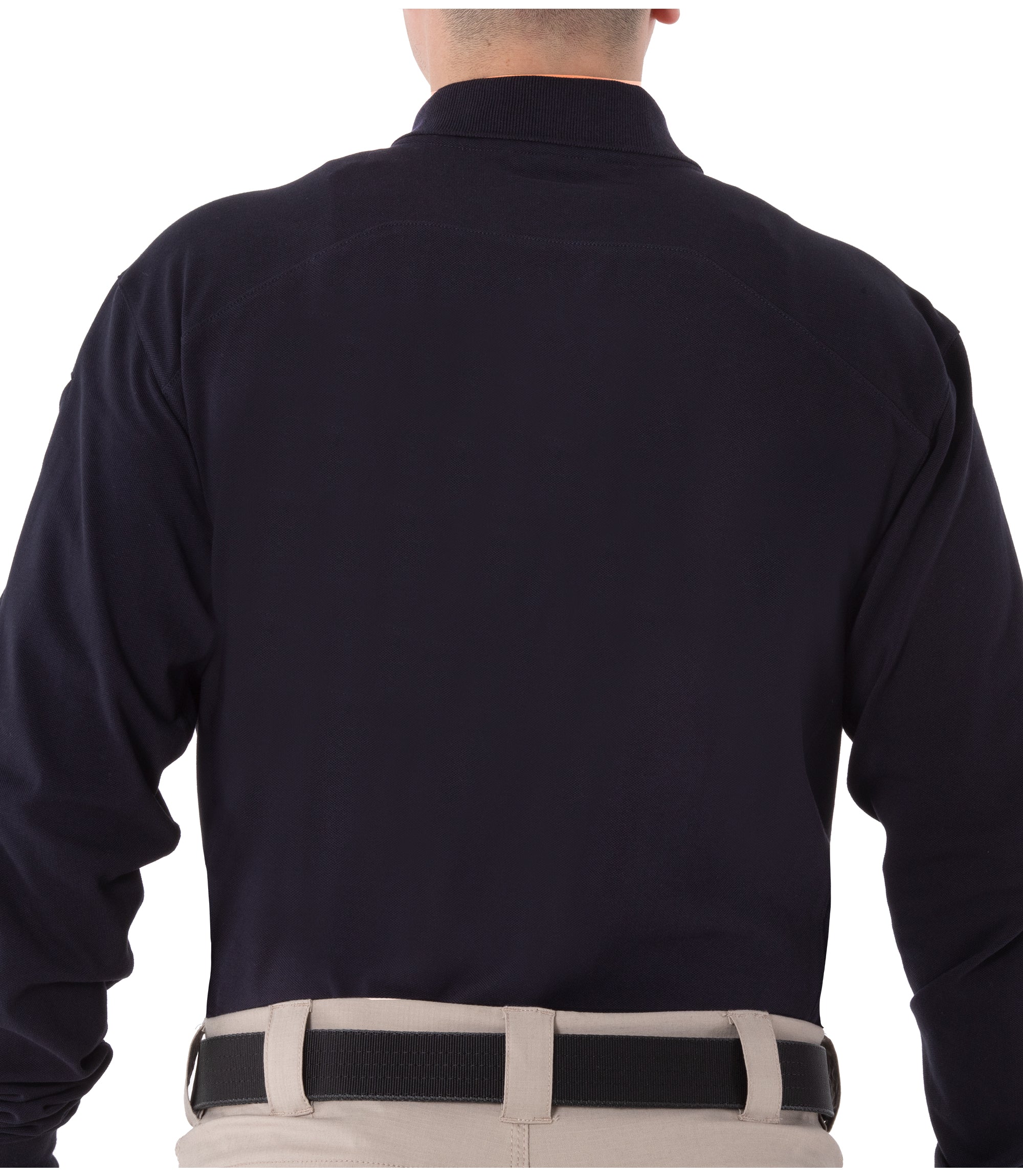 Back of Men's Cotton Long Sleeve Polo in Midnight Navy |color_midnight navy