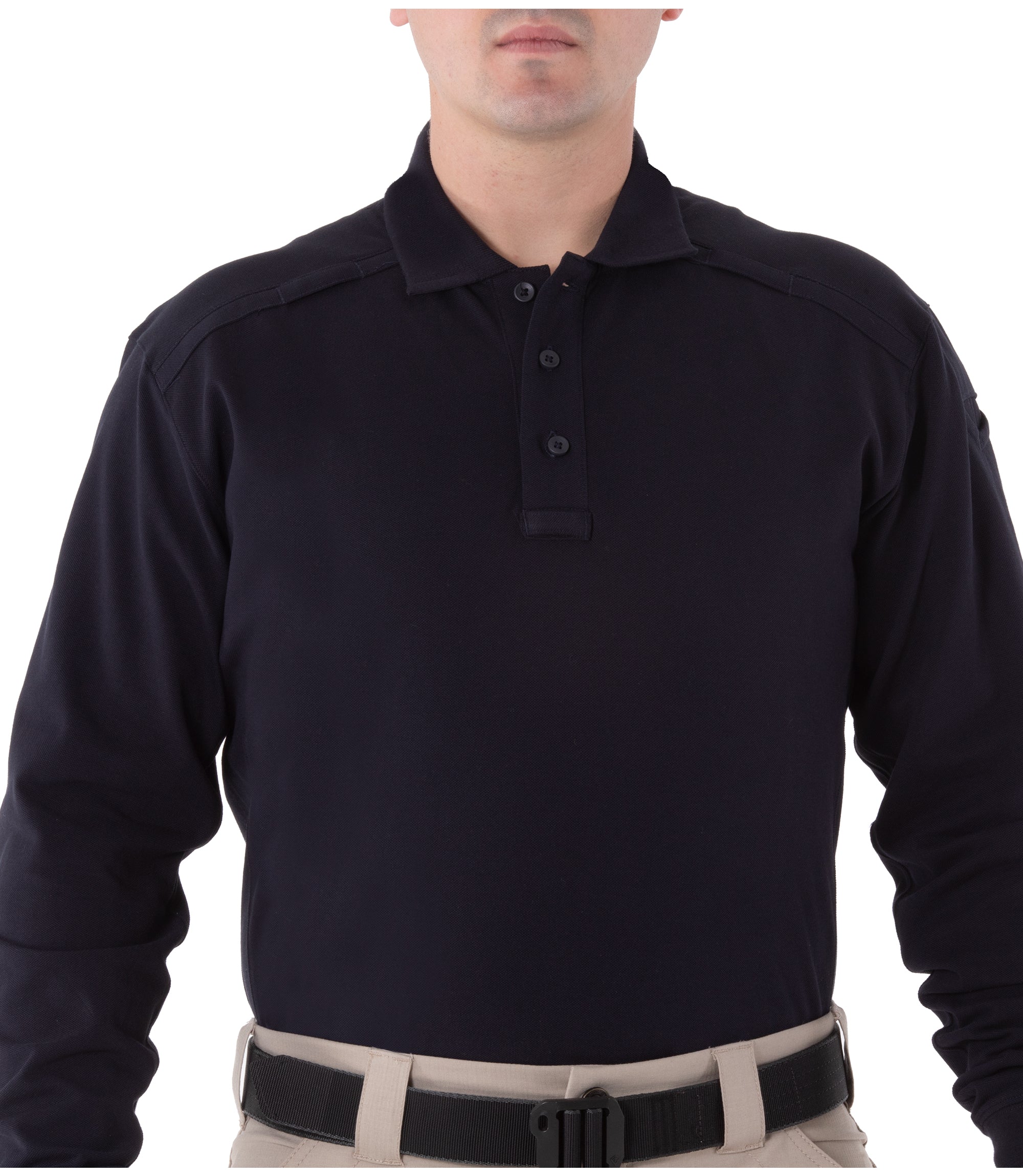 Front of Men's Cotton Long Sleeve Polo in Midnight Navy |color_midnight navy