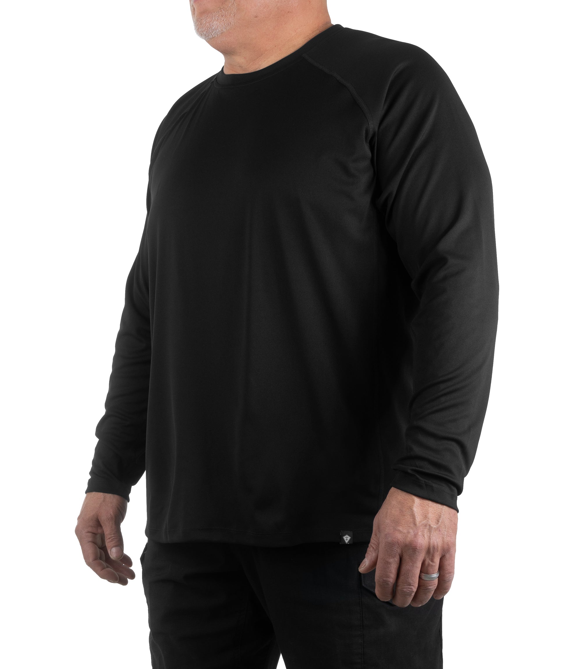 Side of Men’s Performance Long Sleeve T-Shirt in Black |color_black