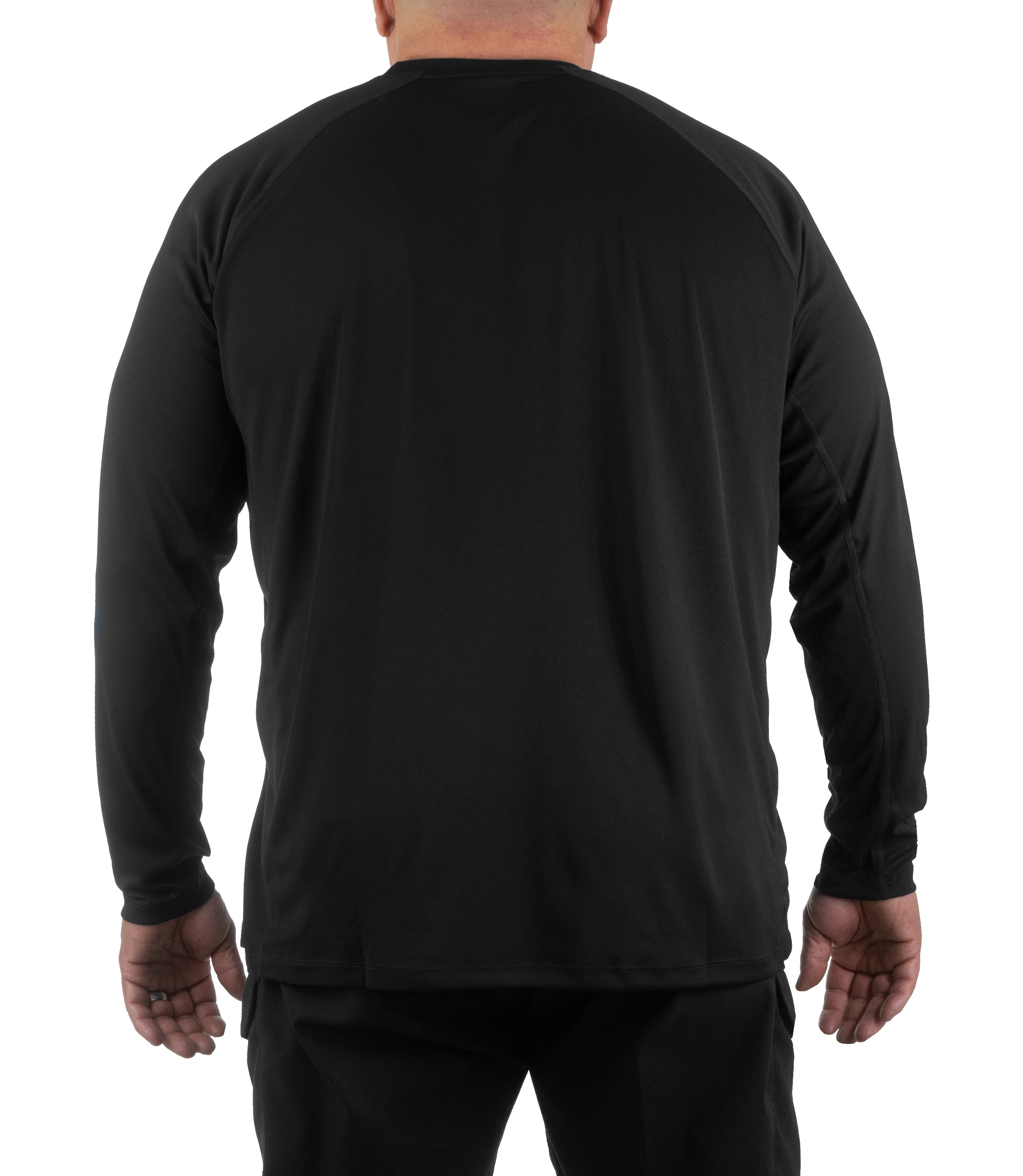 Back of Men’s Performance Long Sleeve T-Shirt in Black |color_black