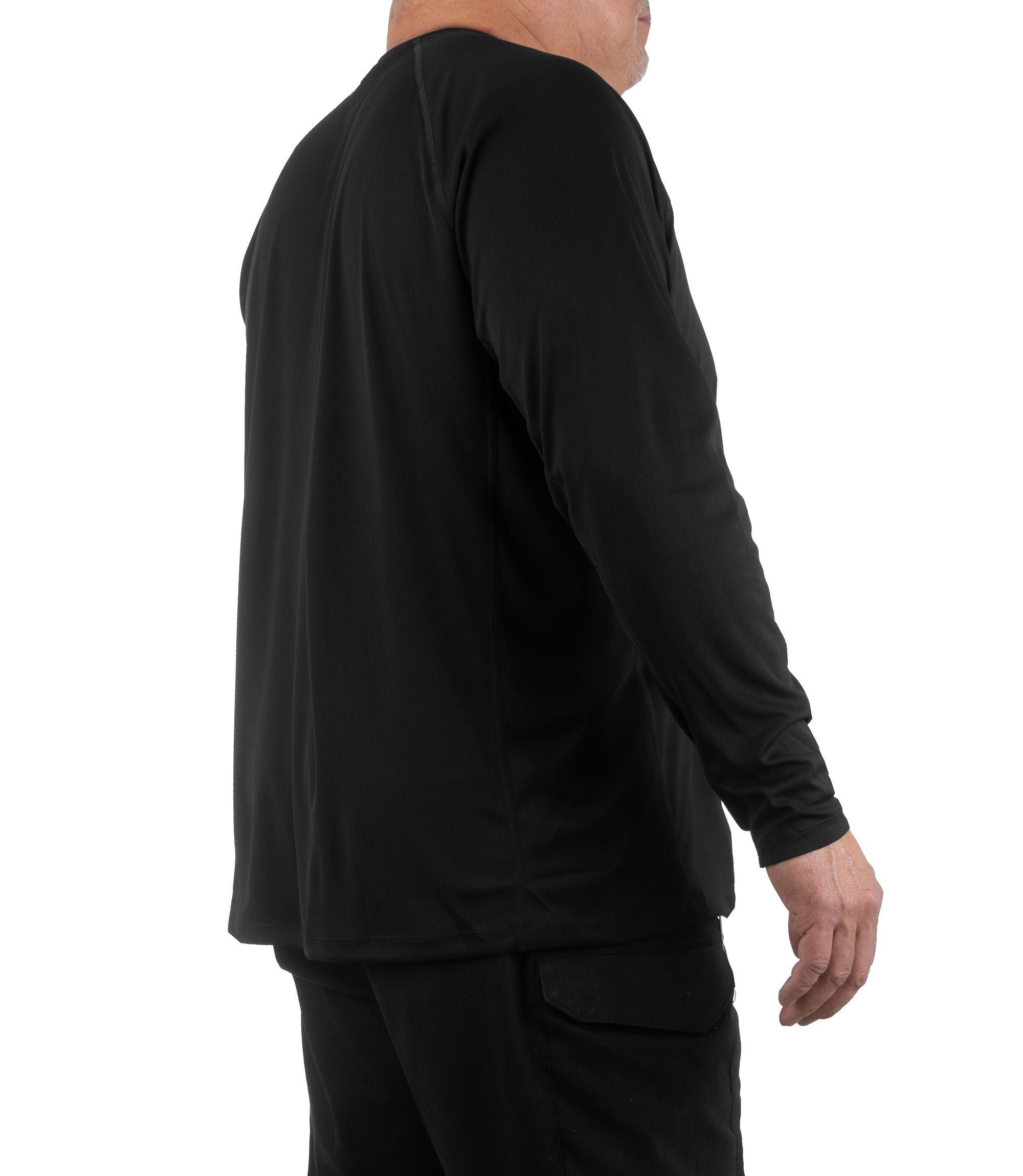 Side of Men’s Performance Long Sleeve T-Shirt in Black |color_black