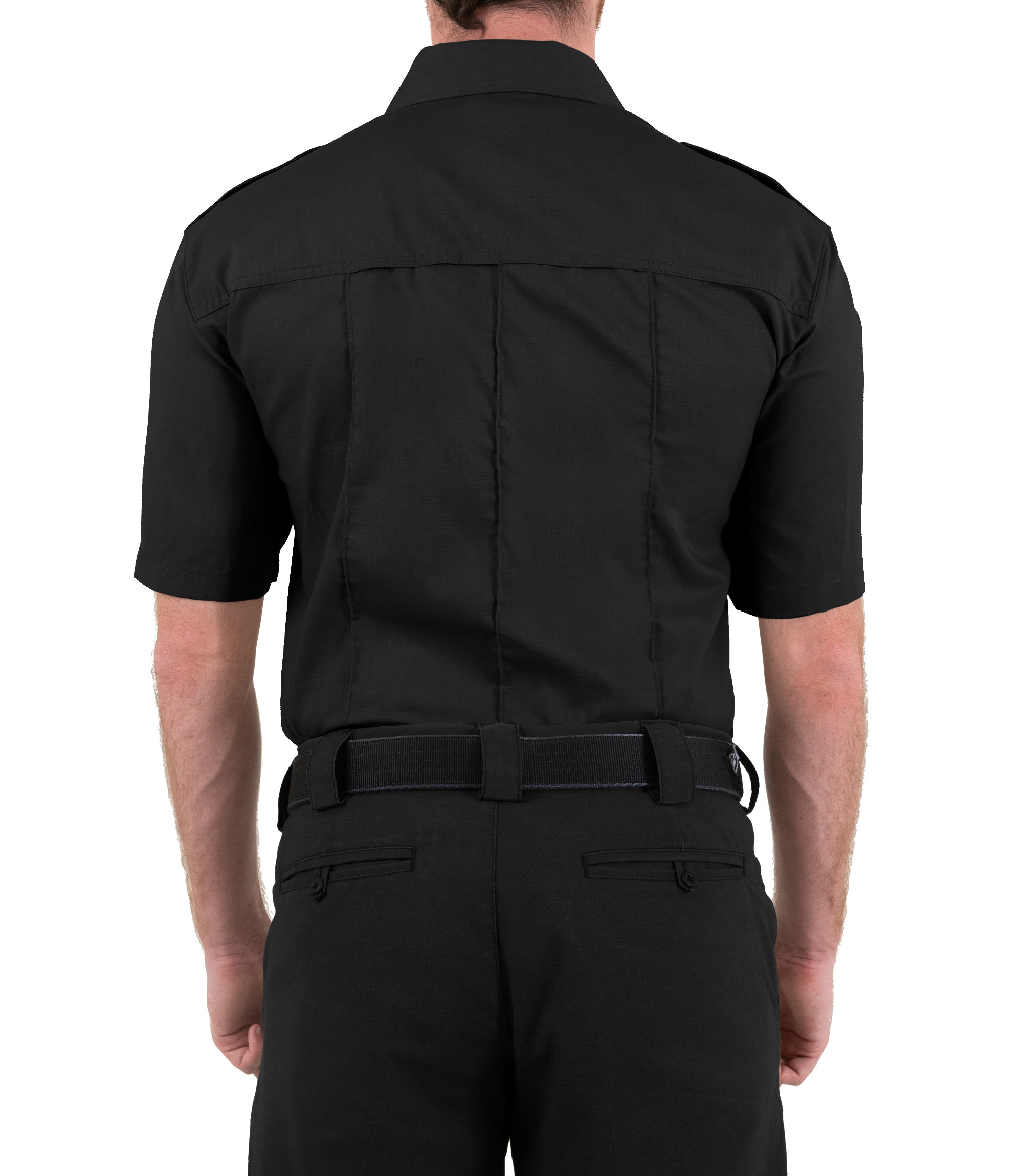 Back of Men's Pro Duty Uniform Short Sleeve Shirt in Black |color_black