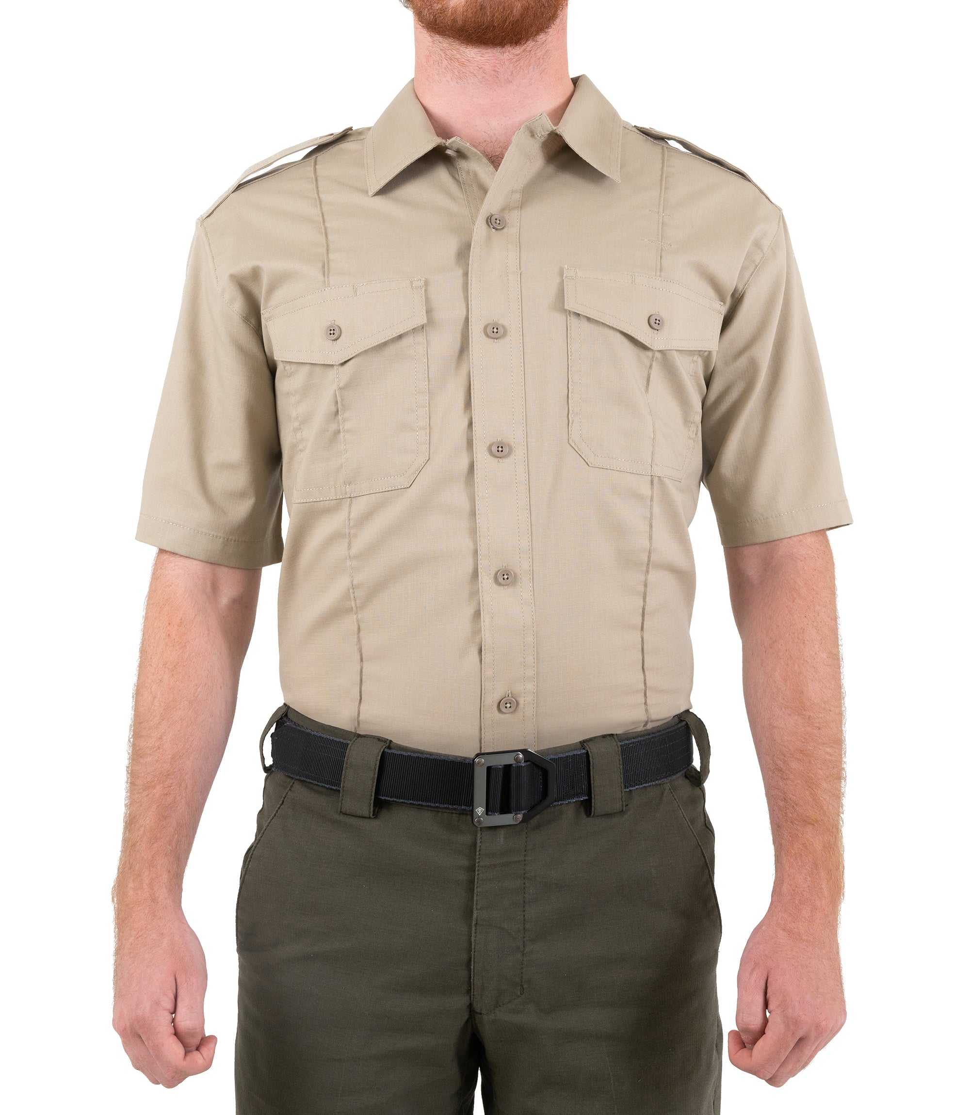 Front of Men's Pro Duty Uniform Short Sleeve Shirt in Silver Tan |color_silver tan