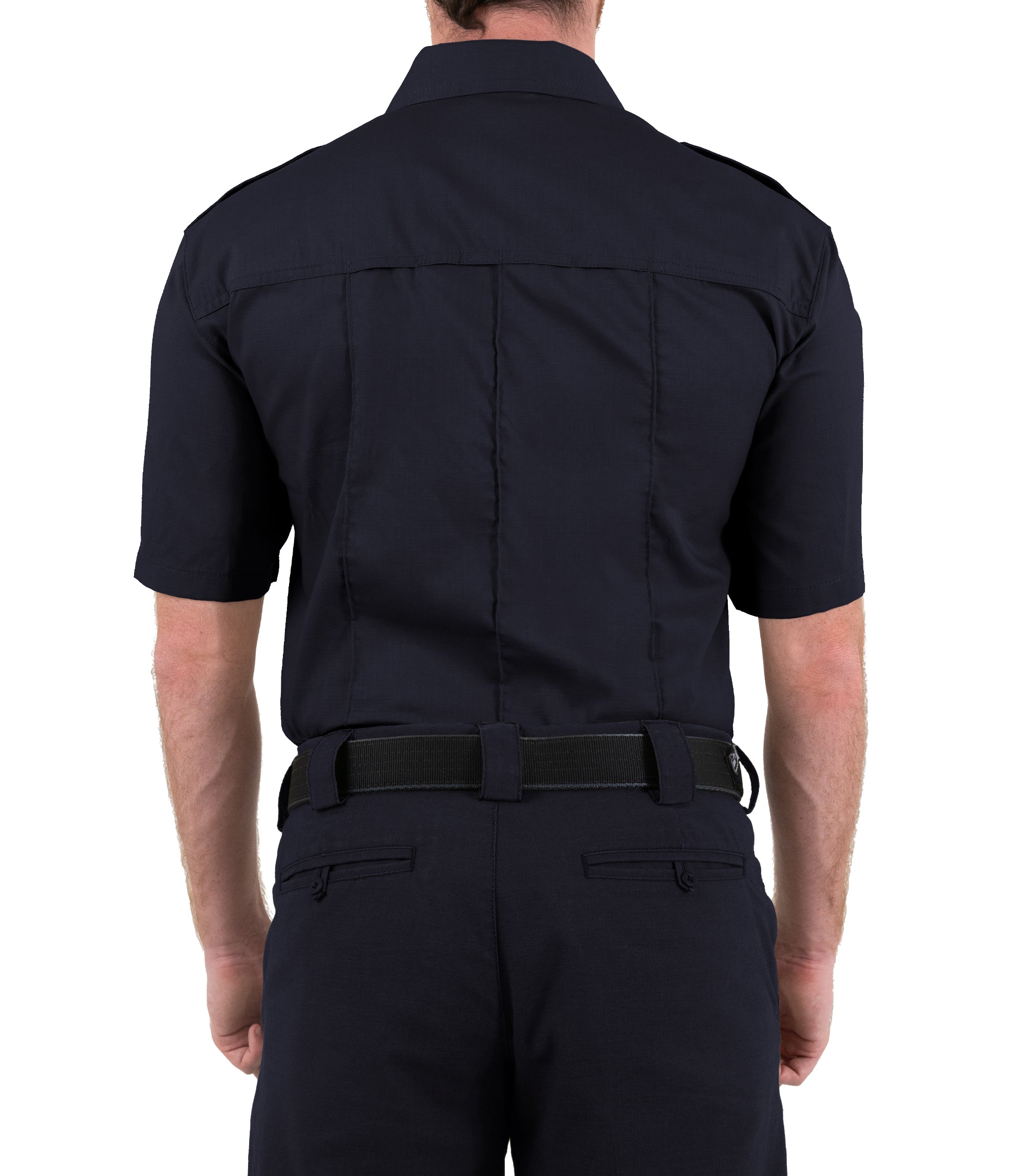 Back of Men's Pro Duty Uniform Short Sleeve Shirt in Midnight Navy |color_midnight navy