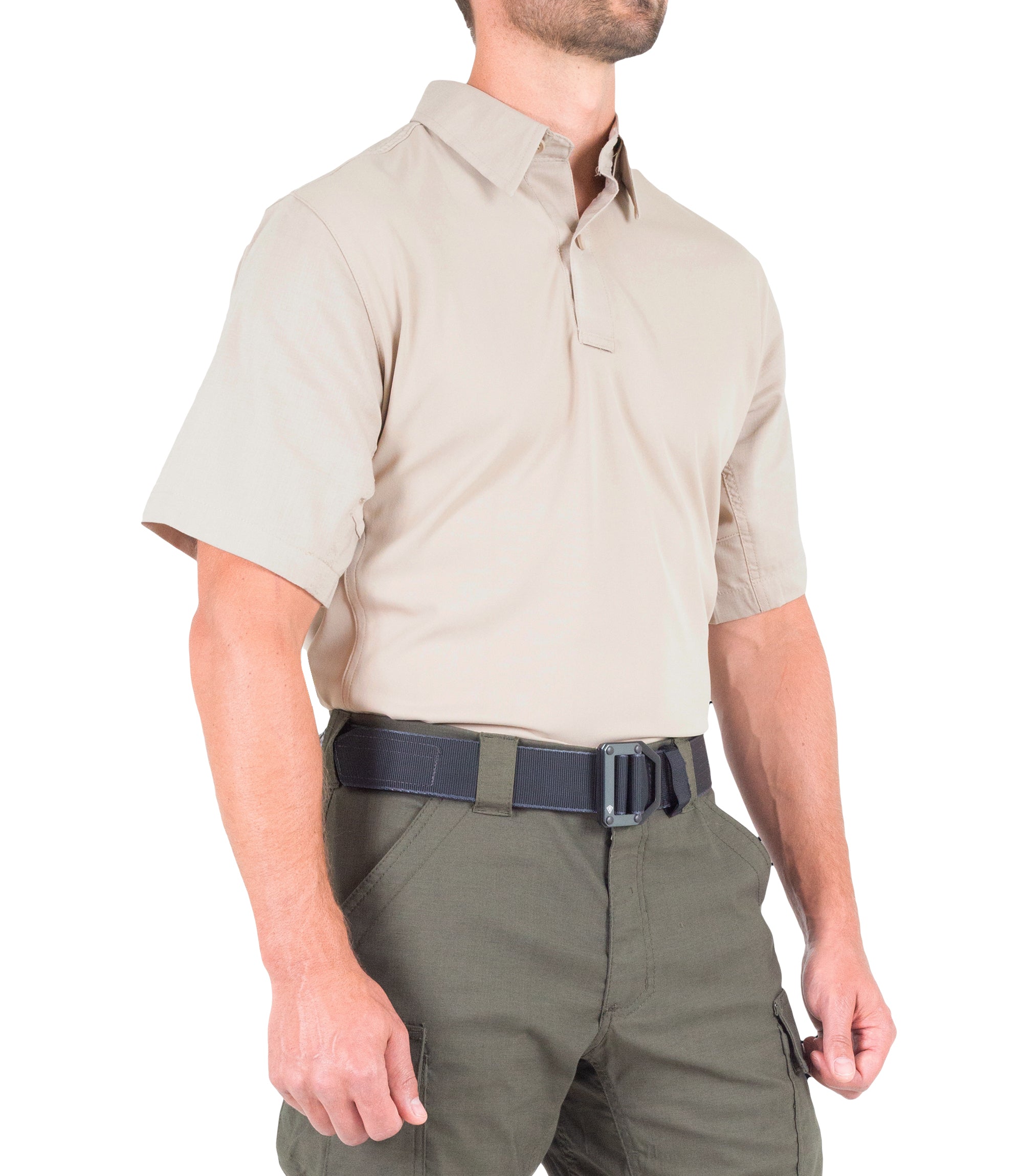 Side of Men's V2 Pro Performance Short Sleeve Shirt in Khaki |color_khaki