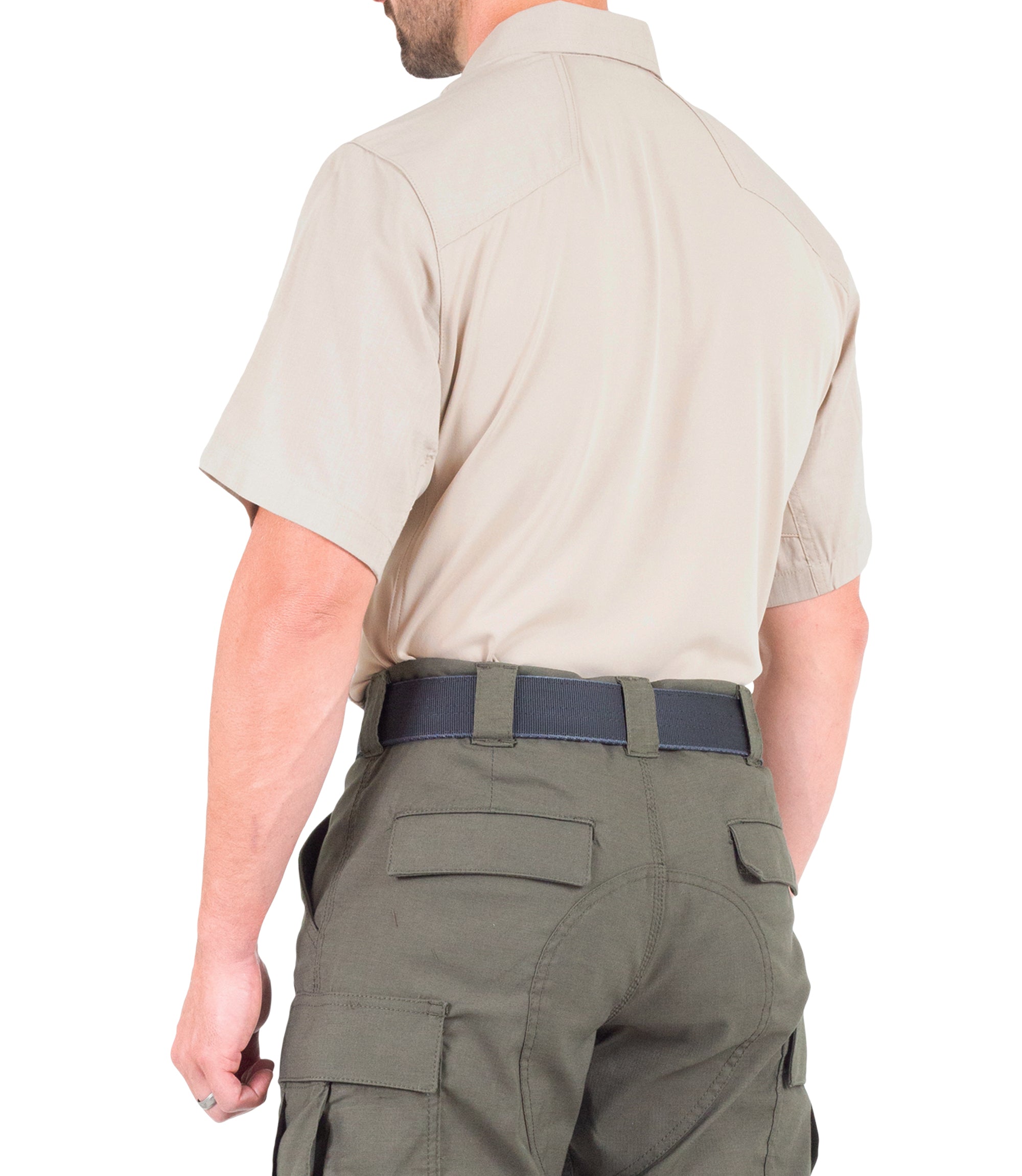 Side of Men's V2 Pro Performance Short Sleeve Shirt in Khaki |color_khaki