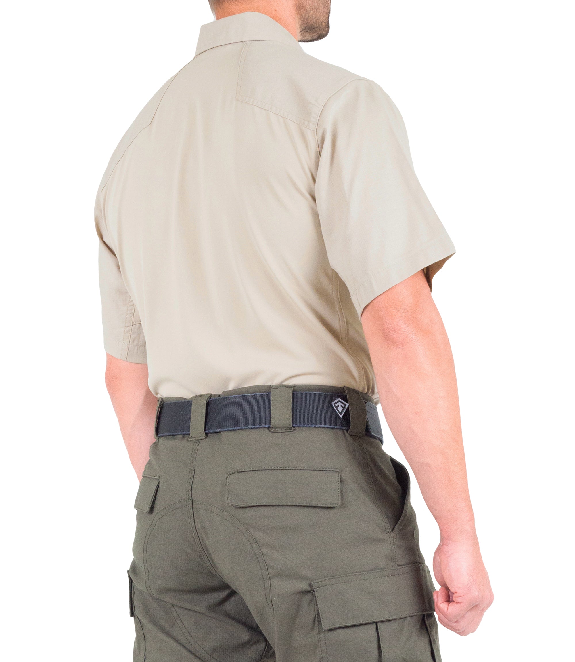 Side of Men's V2 Pro Performance Short Sleeve Shirt in Silver Tan |color_silver tan
