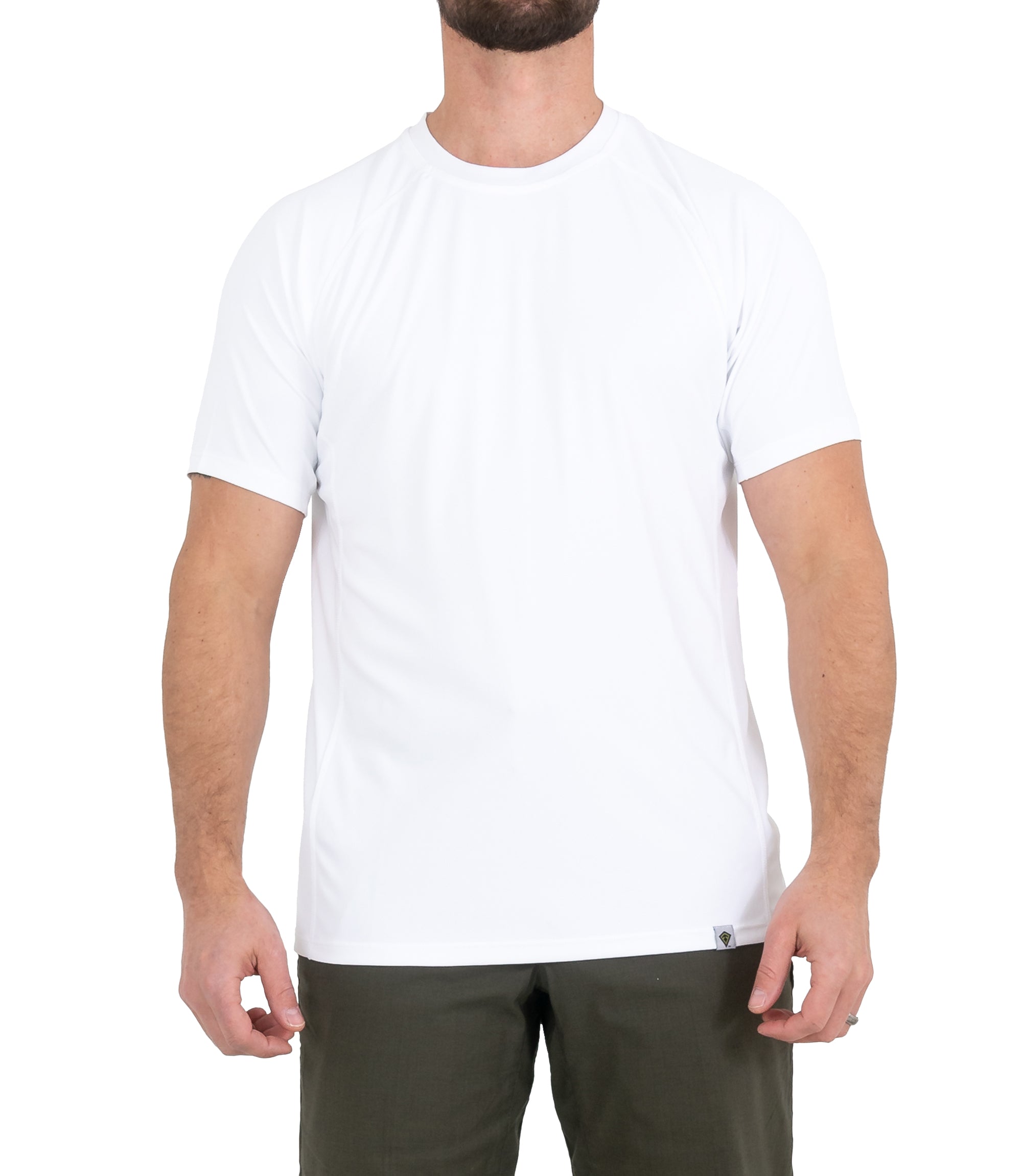 Untucked Front of Men’s Performance Short Sleeve T-Shirt in White |color_white
