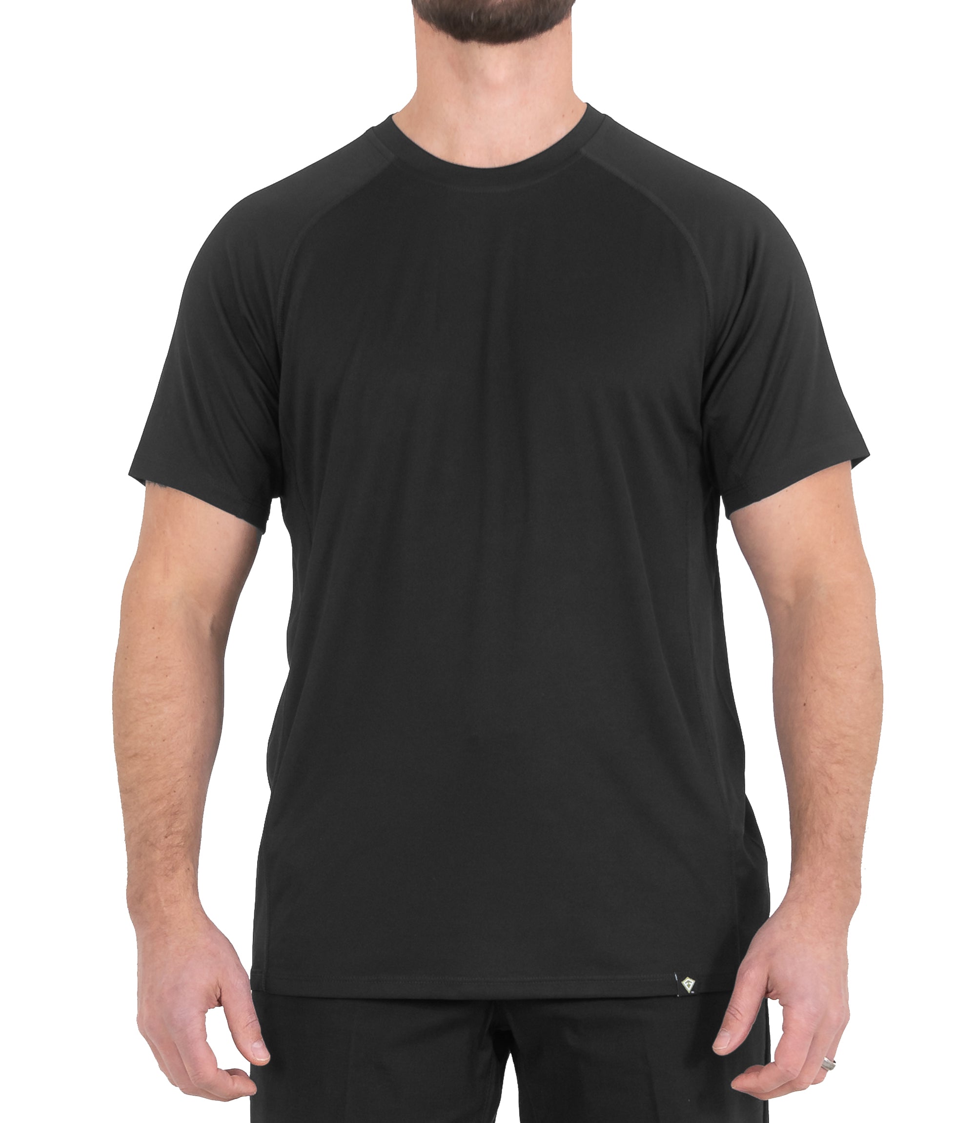 Untucked Front of Men’s Performance Short Sleeve T-Shirt in Black |color_black