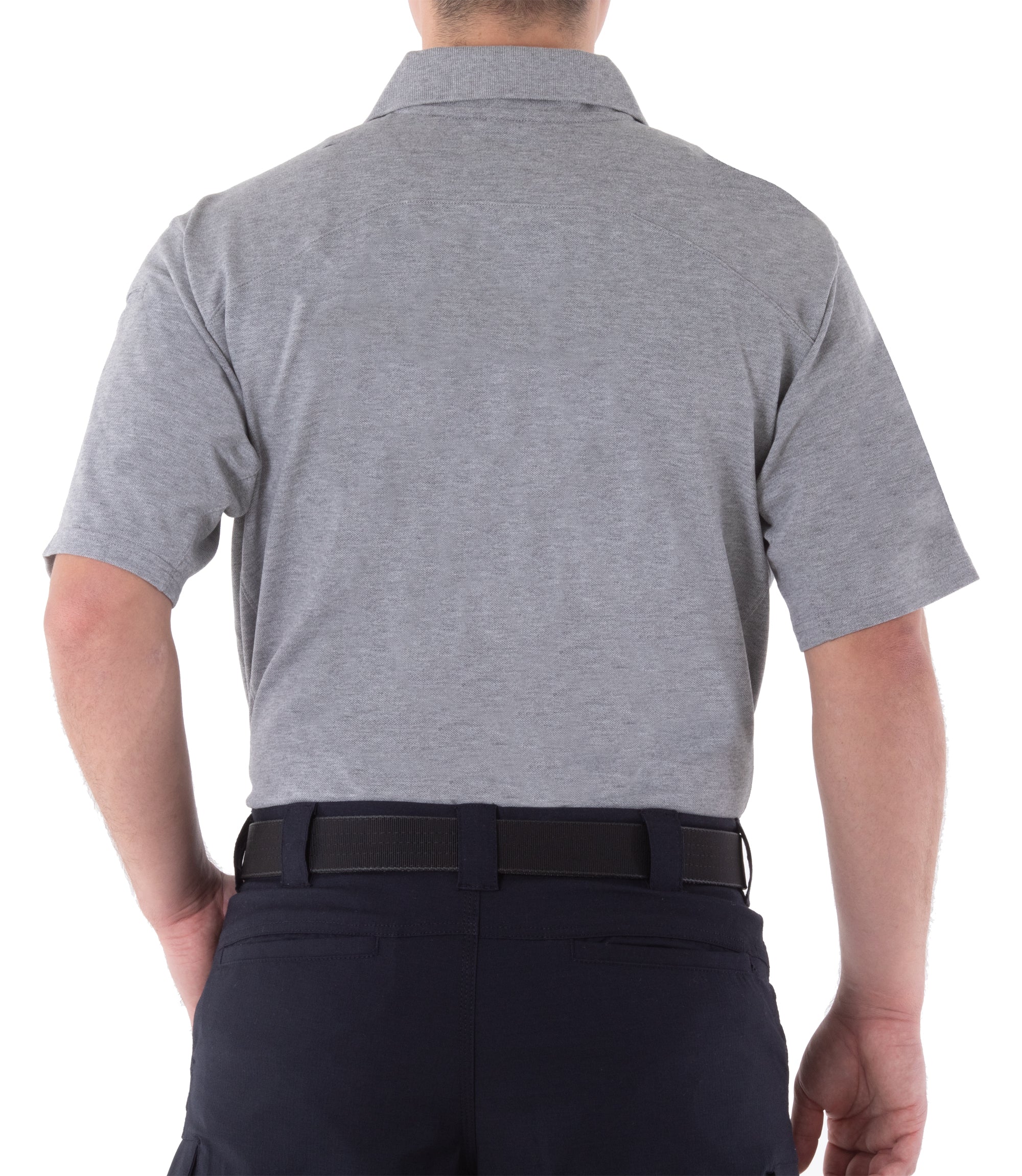 Back of Men's Cotton Short Sleeve Polo in Heather Grey |color_heather grey