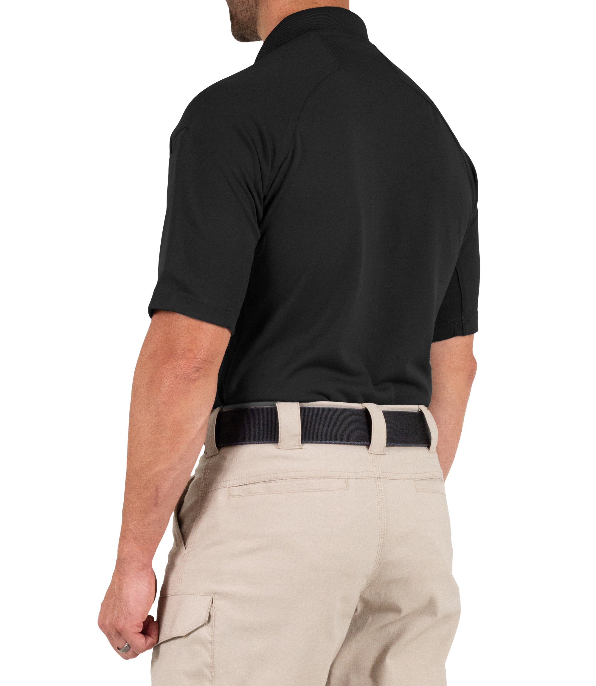 Side Back View of Men's Performance Short Sleeve Polo in Black |color_black