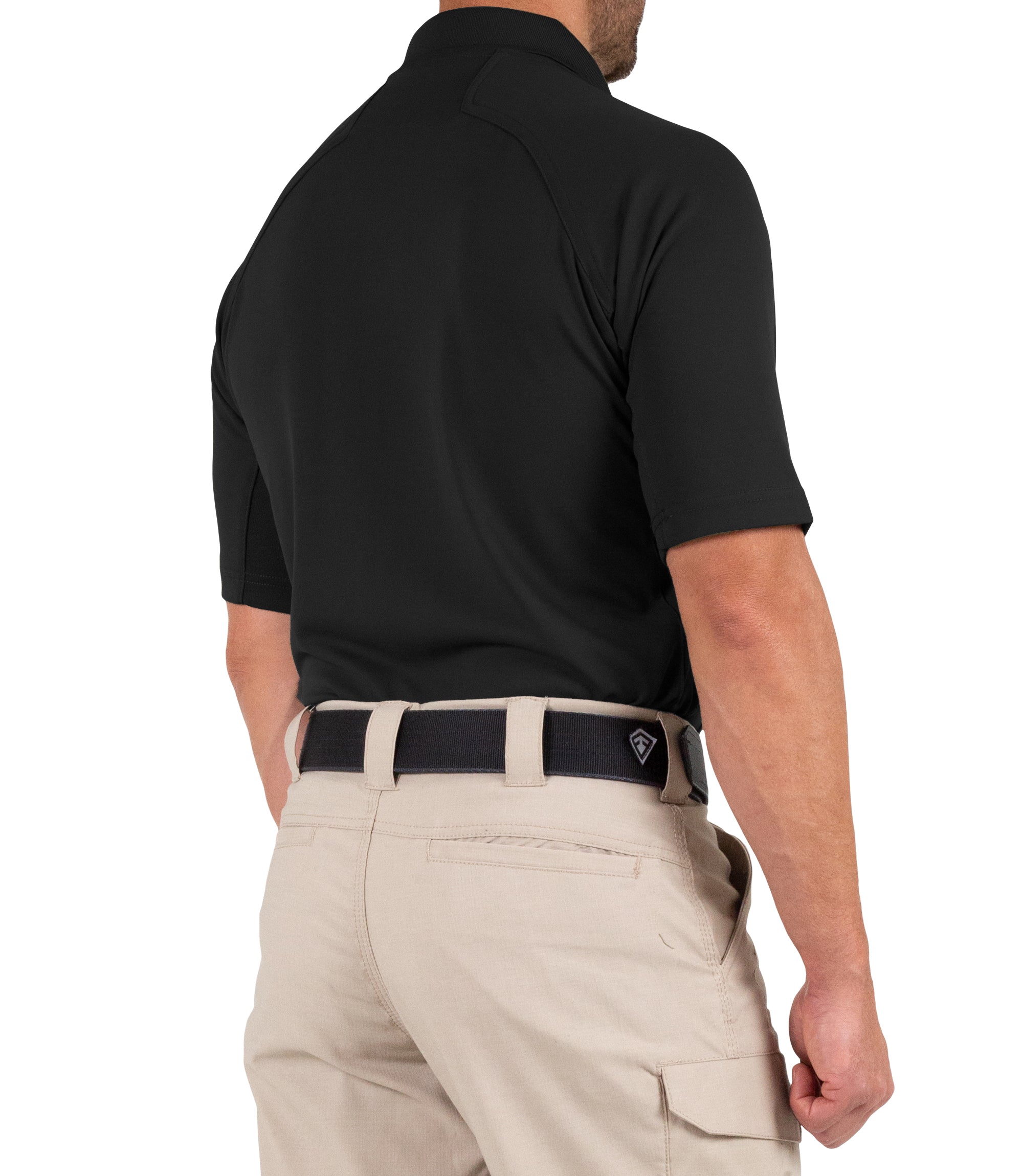 Side Back View of Men's Performance Short Sleeve Polo in Black |color_black