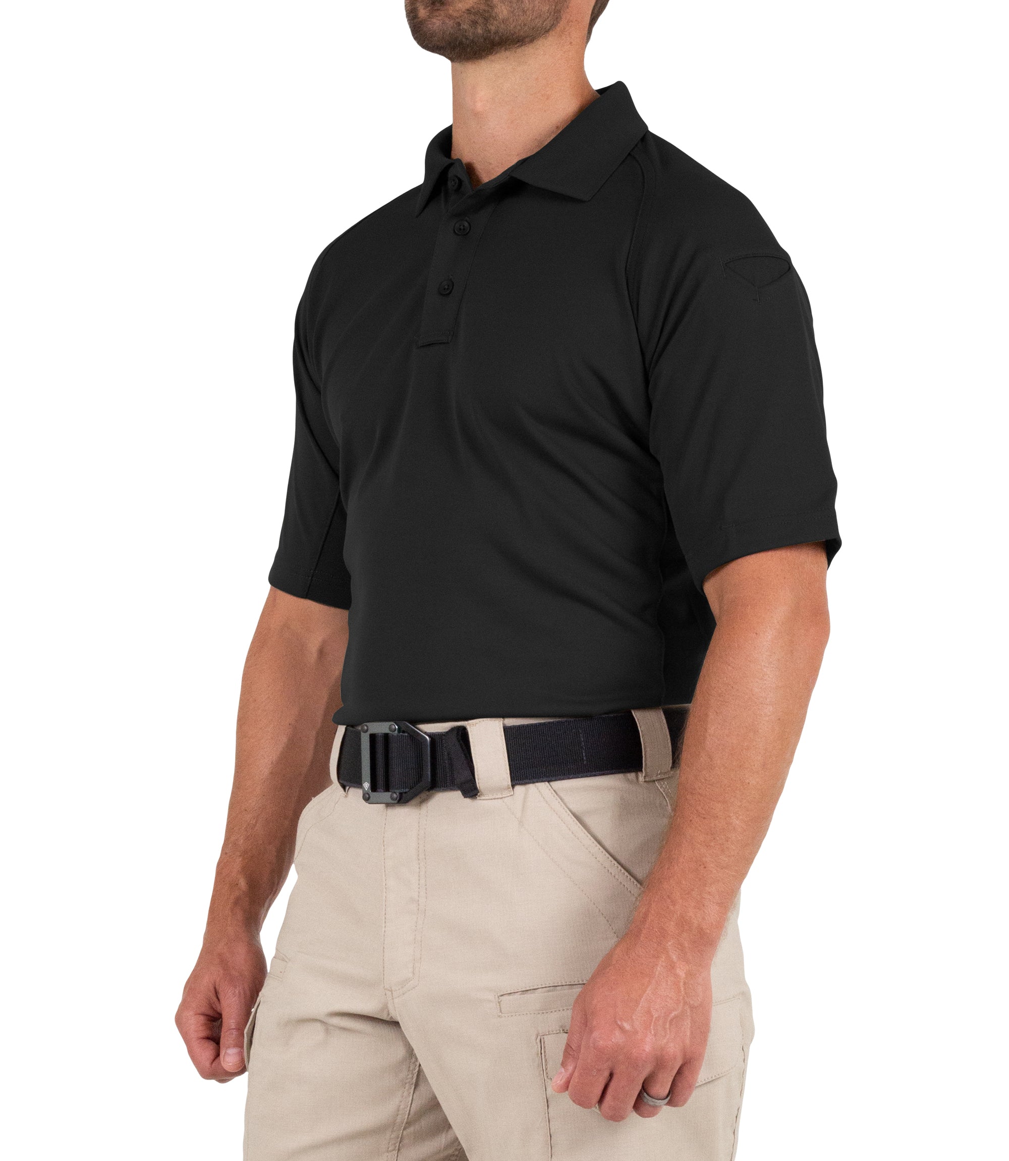 Side View of Verizon Men's Performance Short Sleeve Polo in Black |color_black