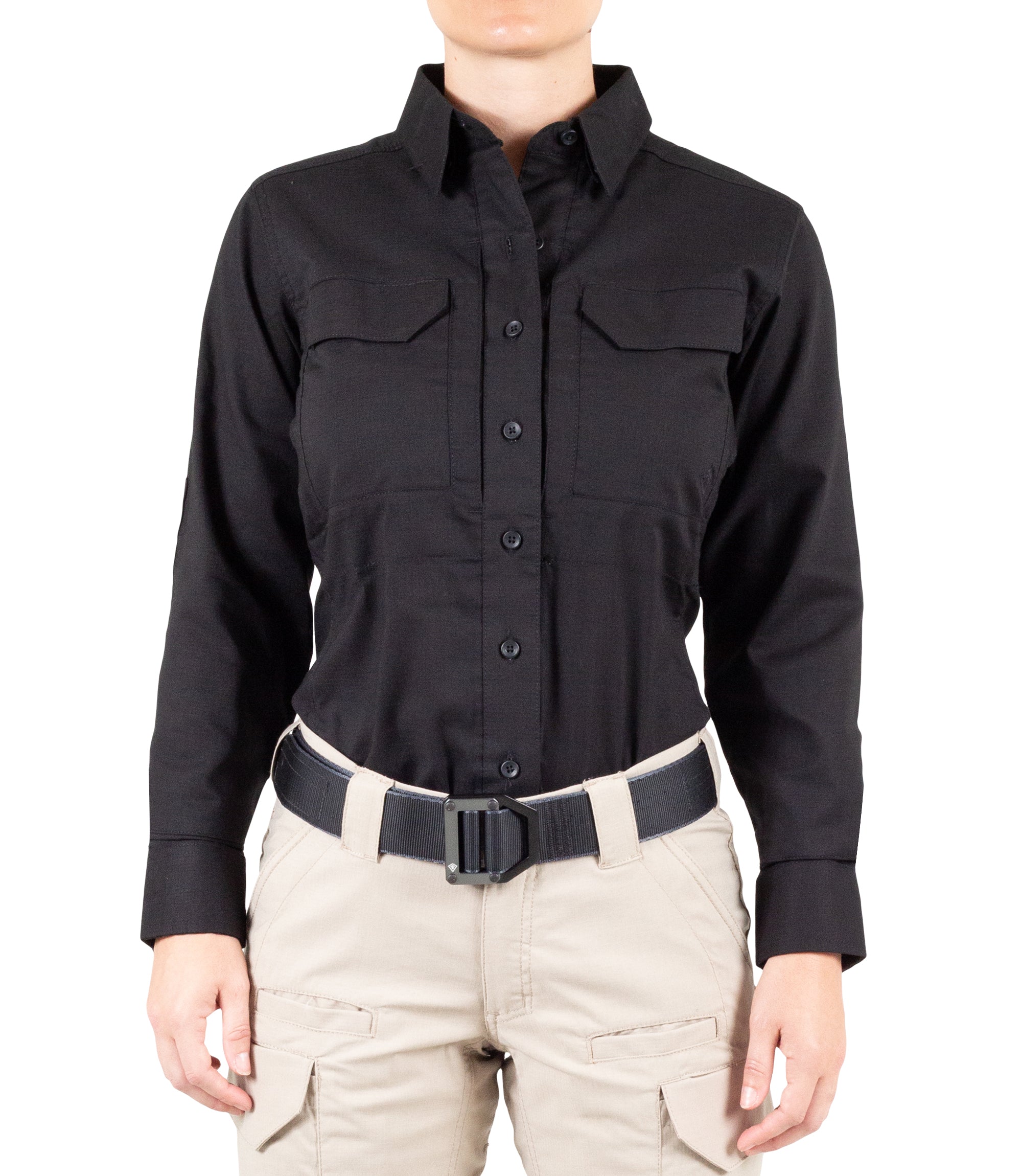 Front of Women's V2 Tactical Long Sleeve Shirt in Black |color_black