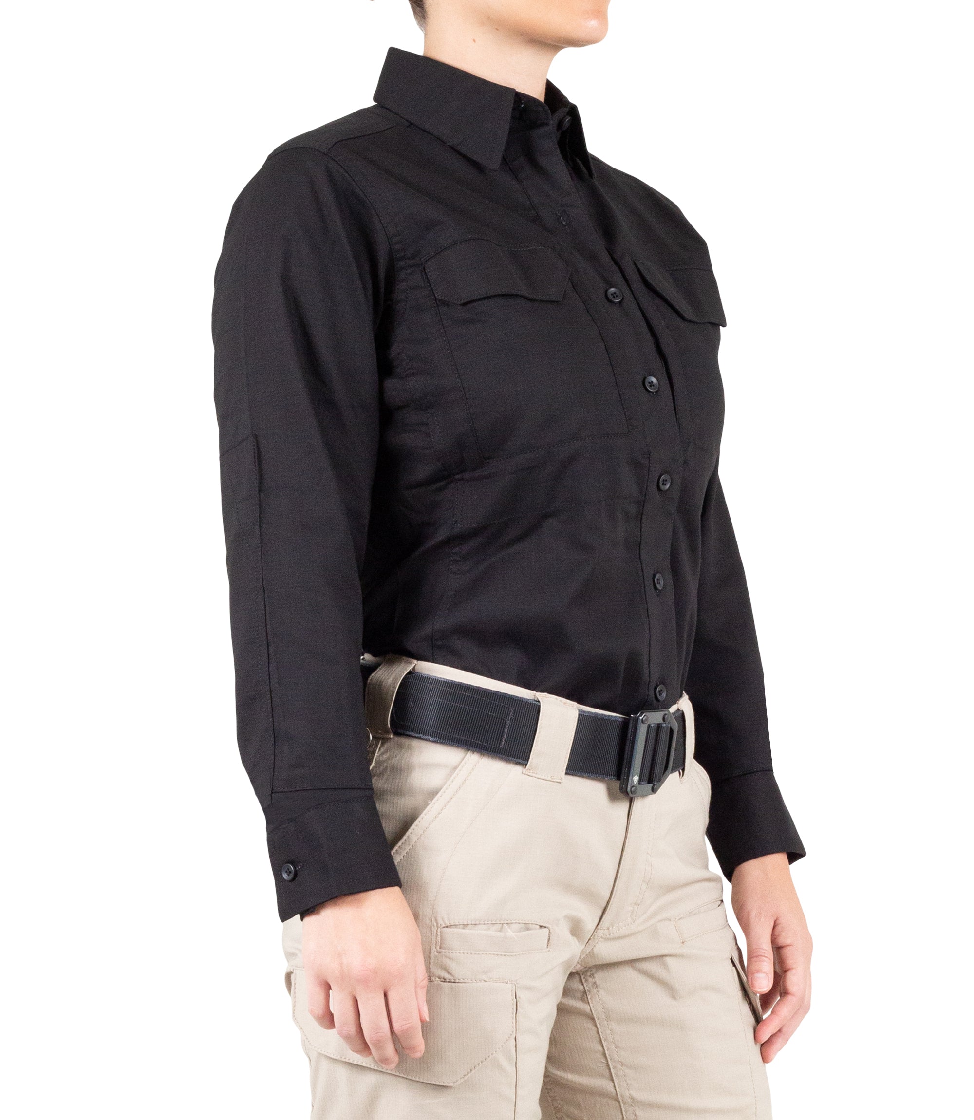 Side of Women's V2 Tactical Long Sleeve Shirt in Black |color_black