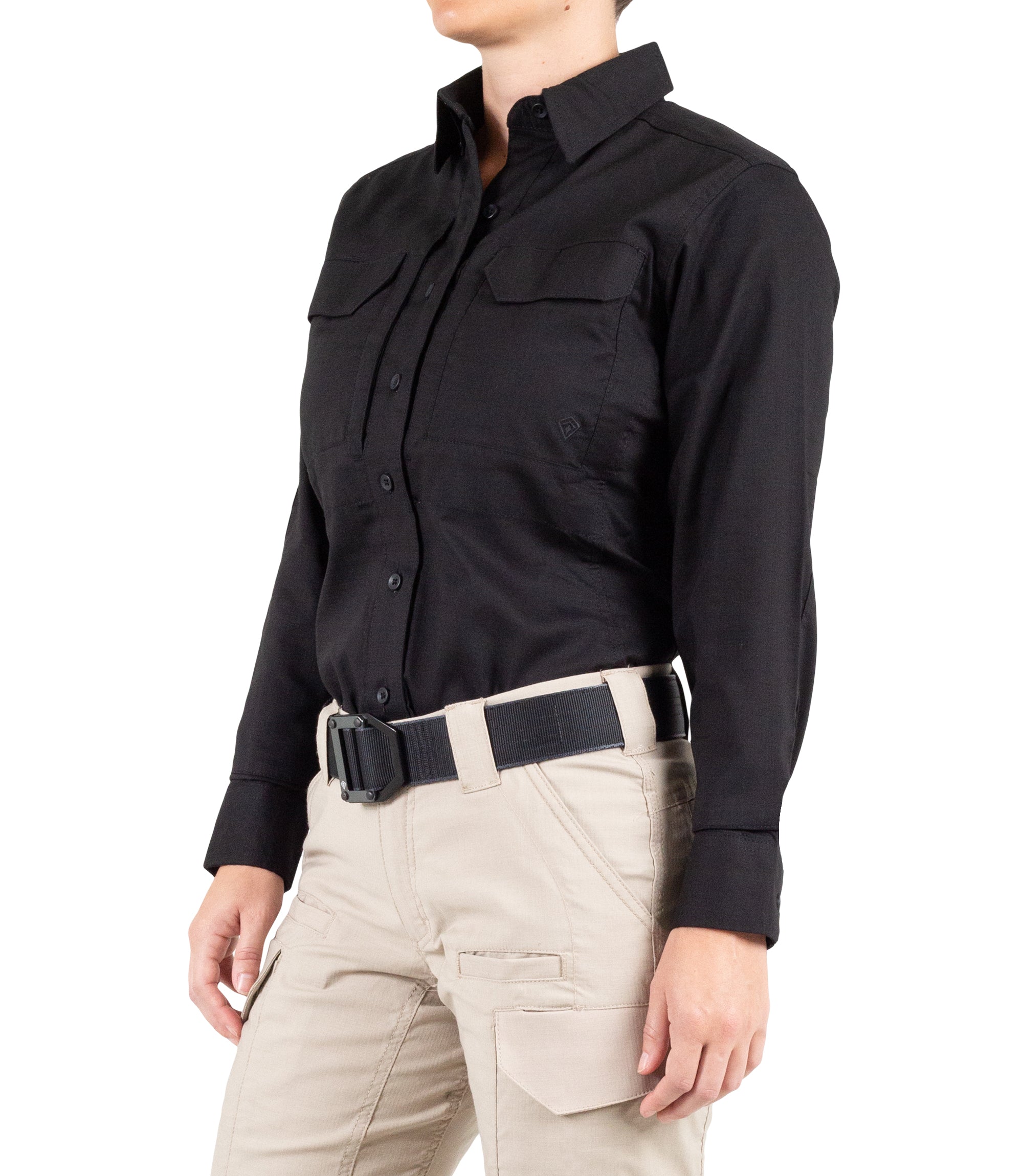 Side of Women's V2 Tactical Long Sleeve Shirt in Black |color_black