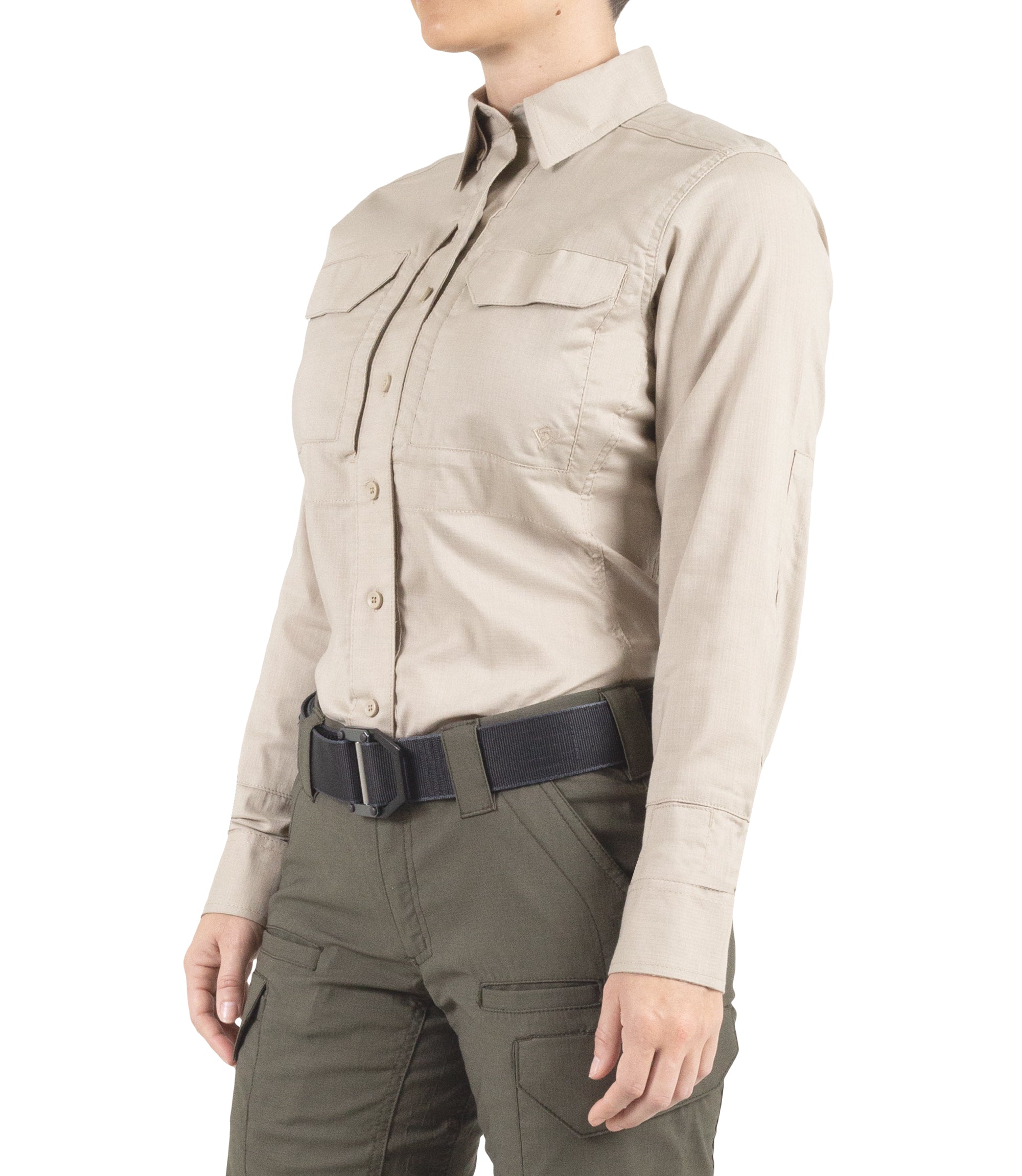 Side of Women's V2 Tactical Long Sleeve Shirt in Khaki |color_khaki