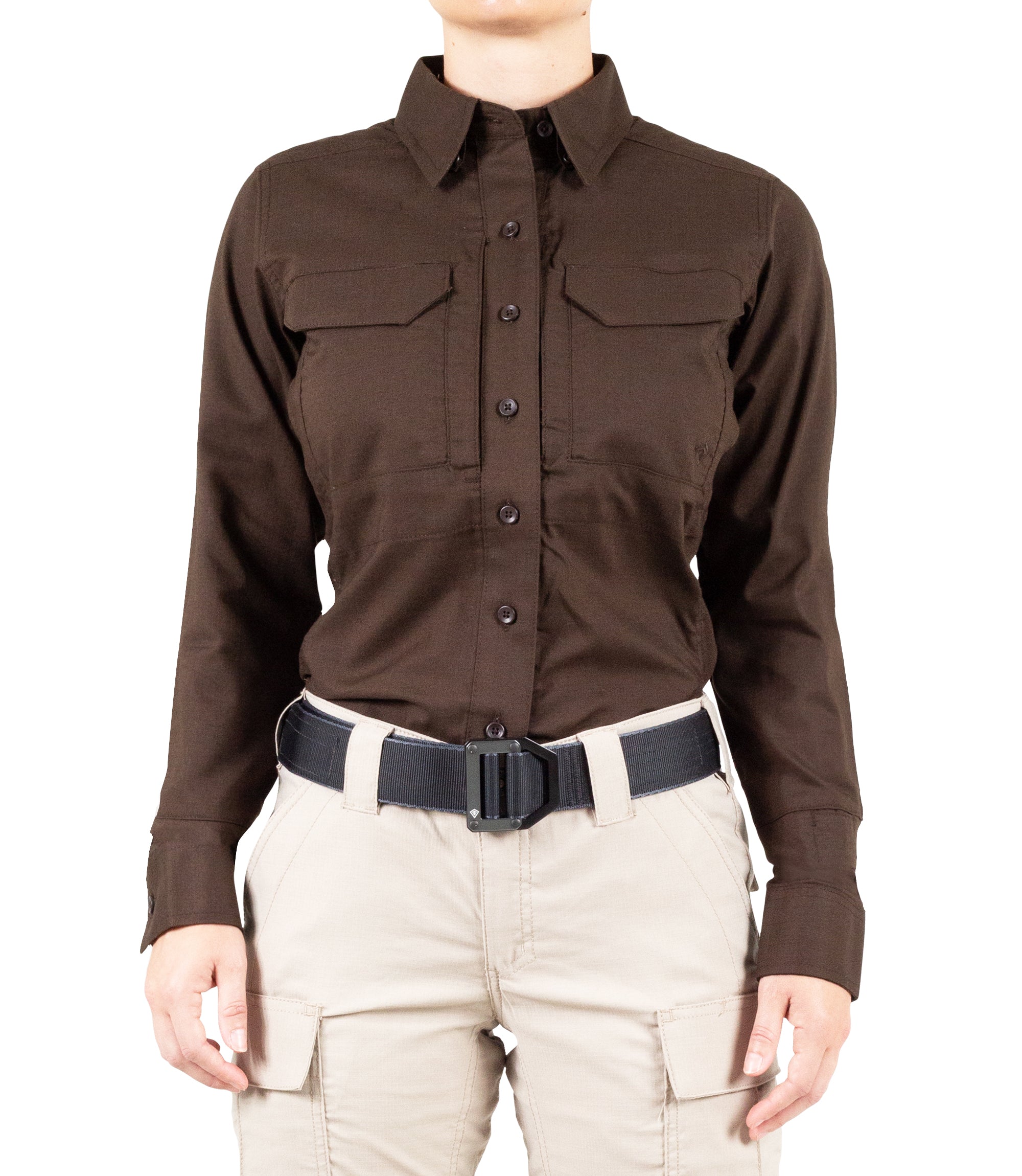 Front of Women's V2 Tactical Long Sleeve Shirt in Kodiak Brown |color_kodiak brown