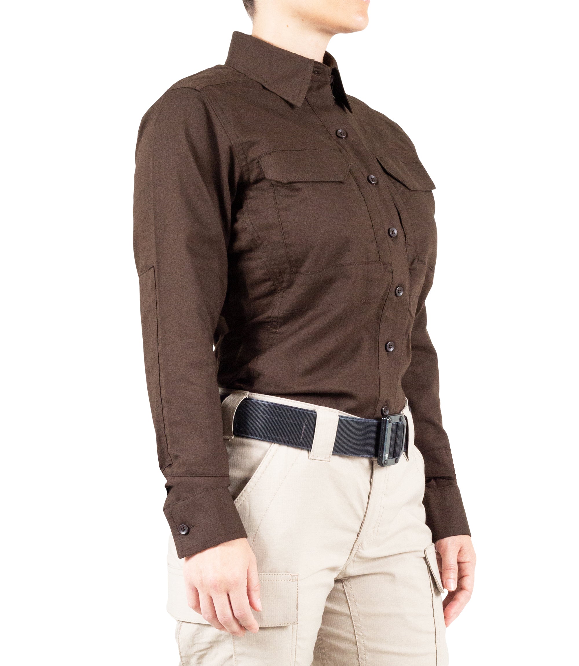 Side of Women's V2 Tactical Long Sleeve Shirt in Kodiak Brown |color_kodiak brown
