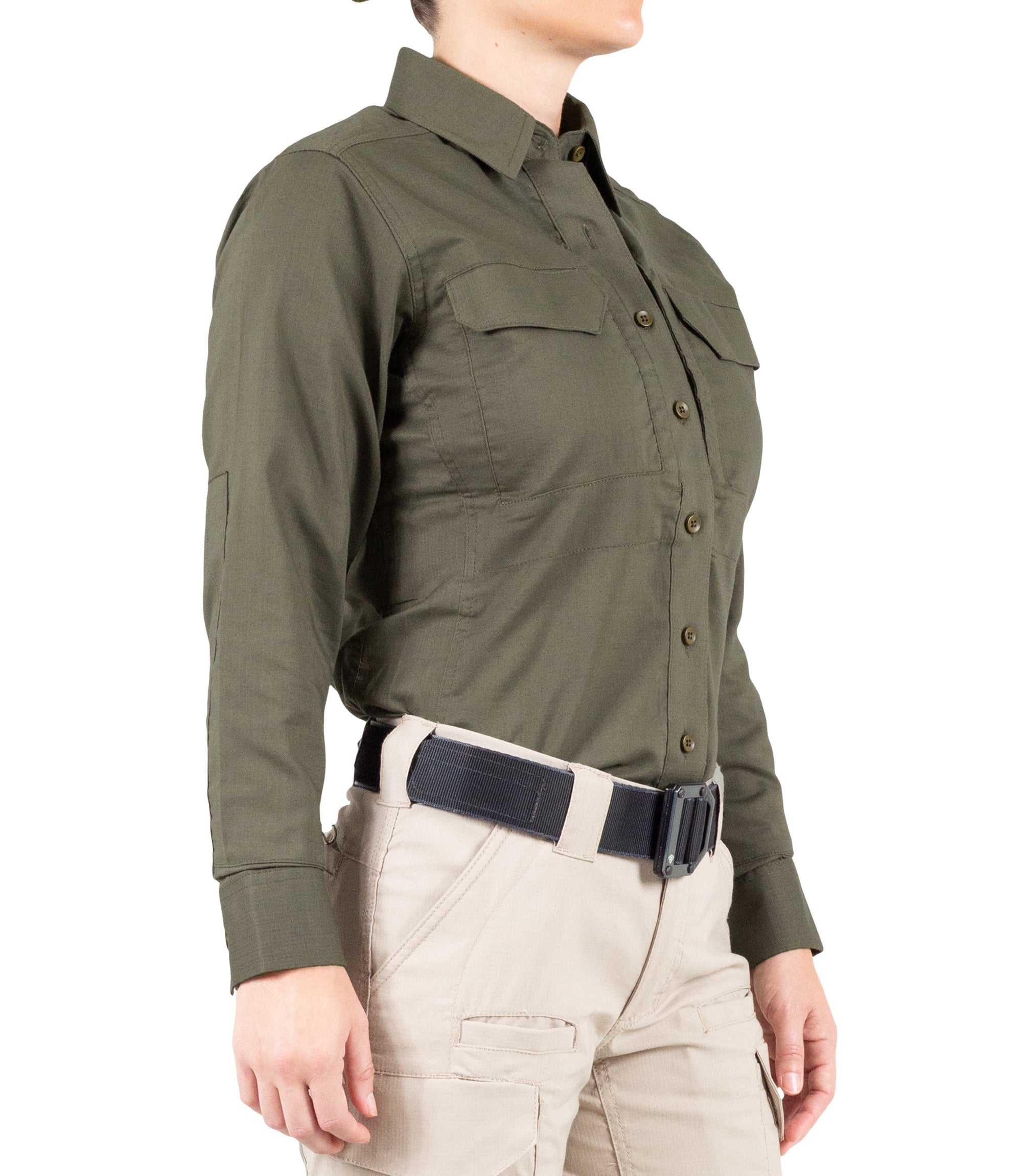 Side of Women's V2 Tactical Long Sleeve Shirt in OD Green |color_od green