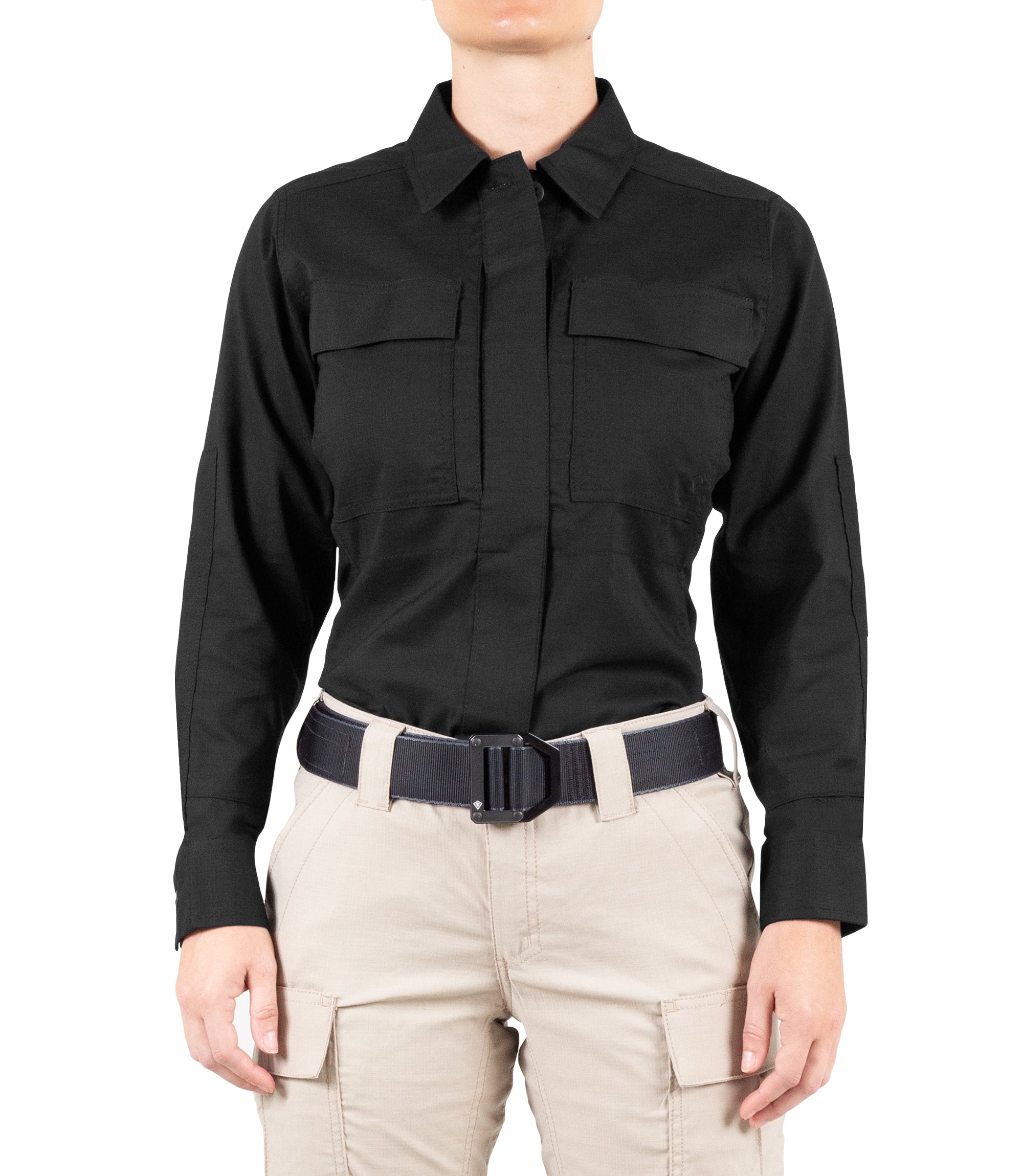 Front of Women's V2 BDU Long Sleeve Shirt in Black |color_black