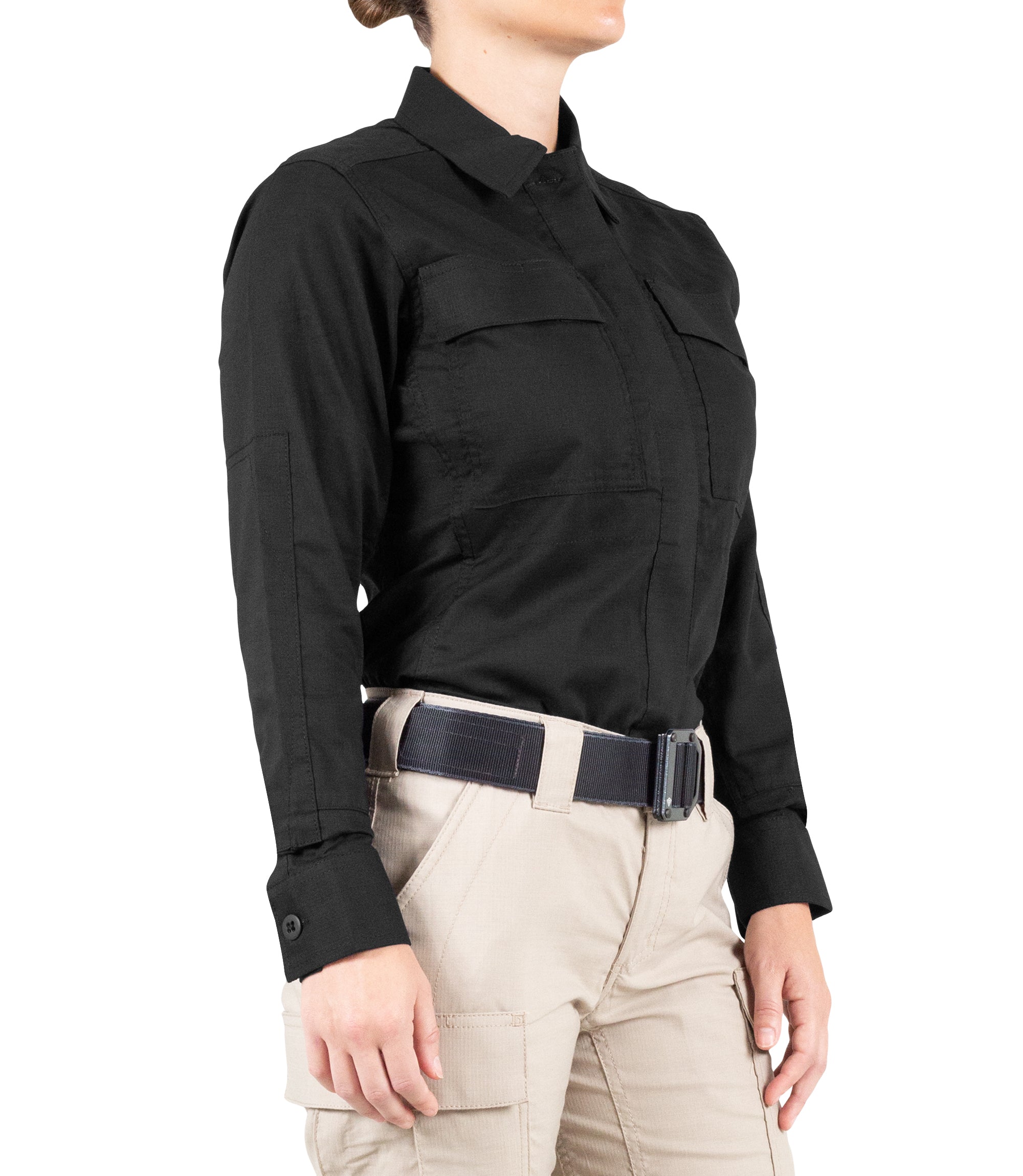 Side of Women's V2 BDU Long Sleeve Shirt in Black |color_black