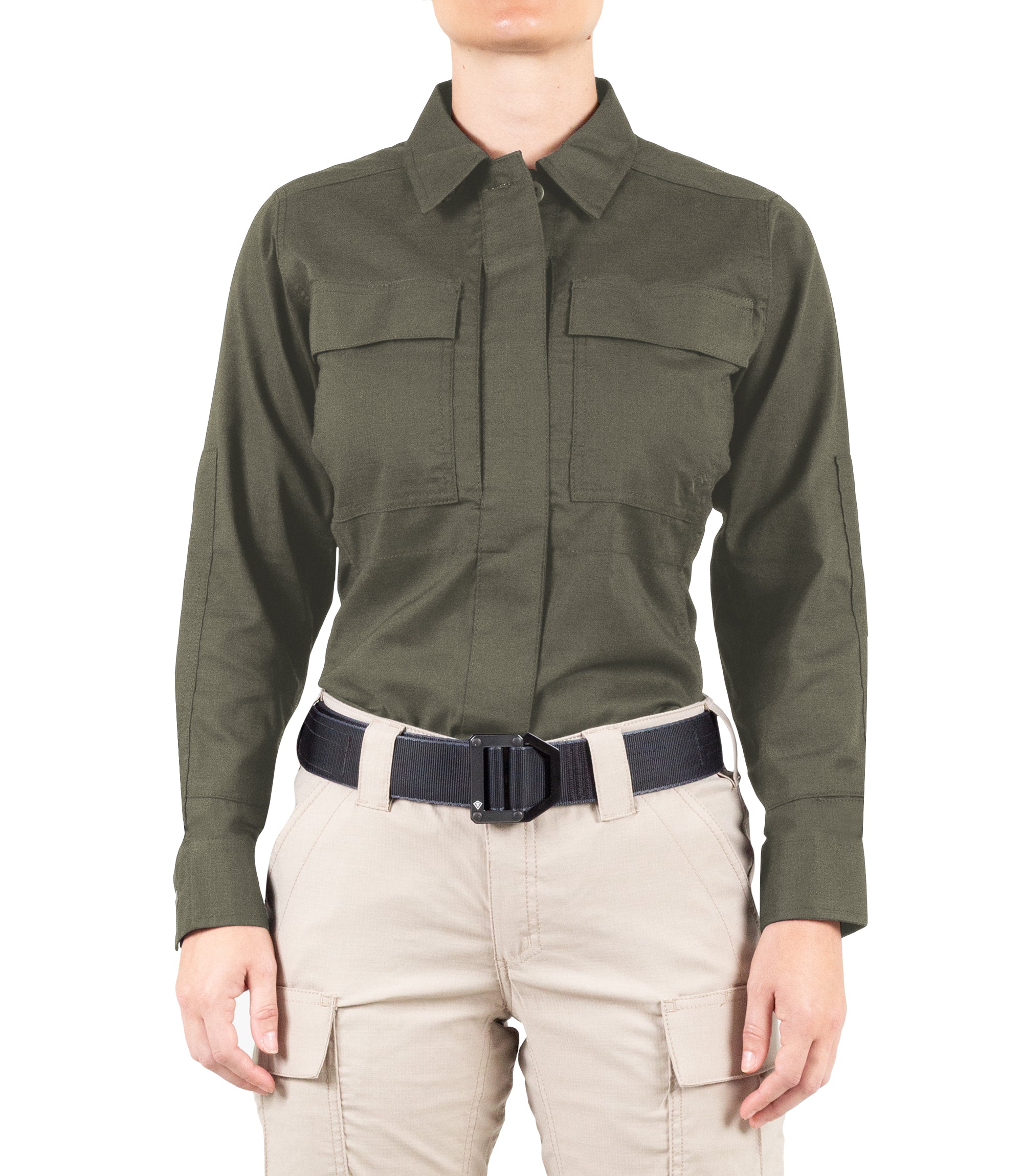 Front of Women's V2 BDU Long Sleeve Shirt in OD Green |color_od green