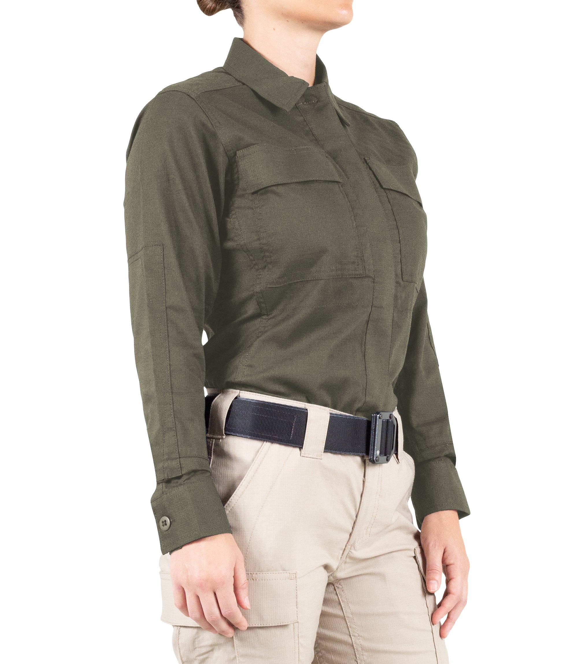 Side of Women's V2 BDU Long Sleeve Shirt in OD Green |color_od green