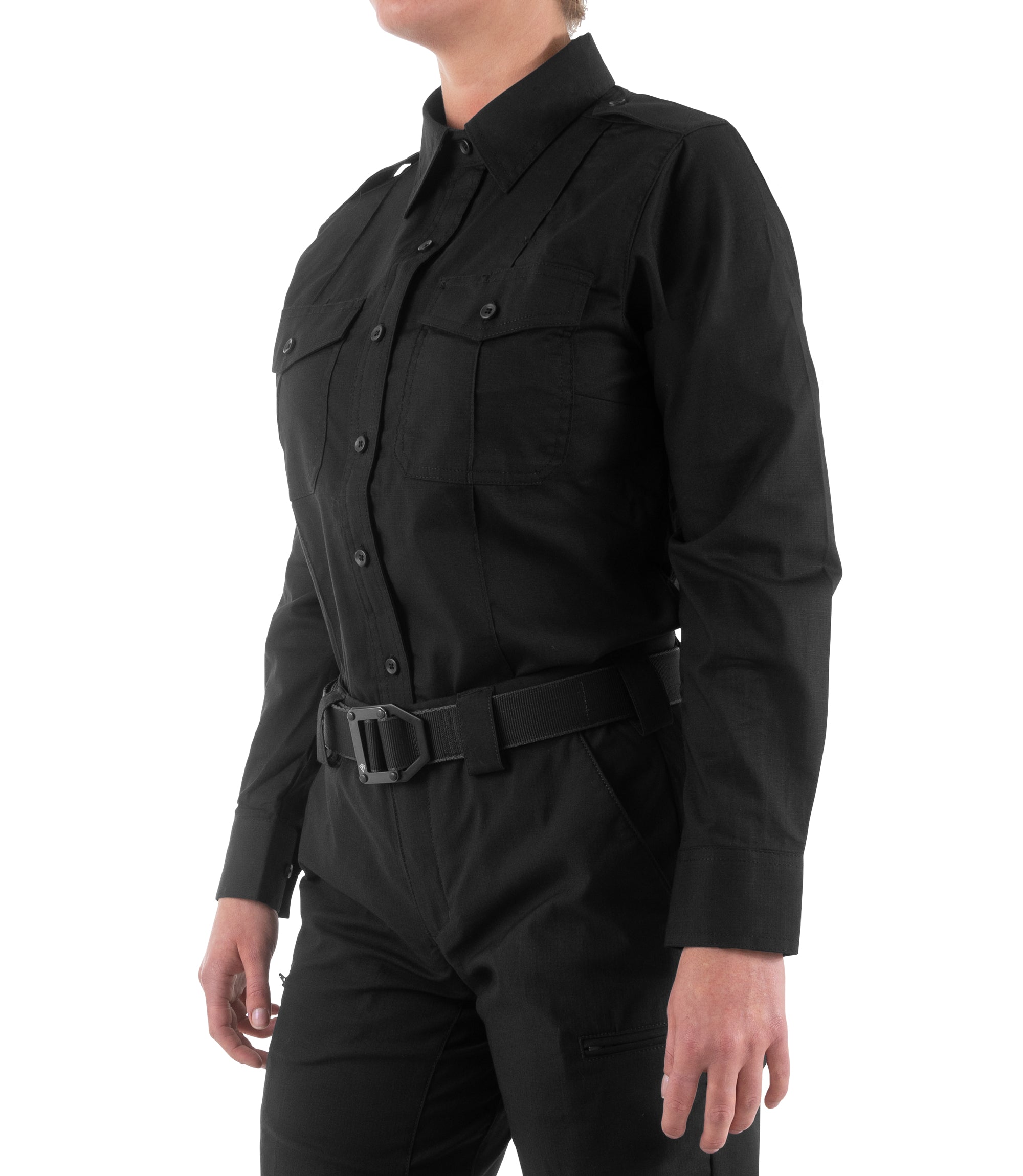 Side of Women's Pro Duty Uniform Shirt in Black |color_black