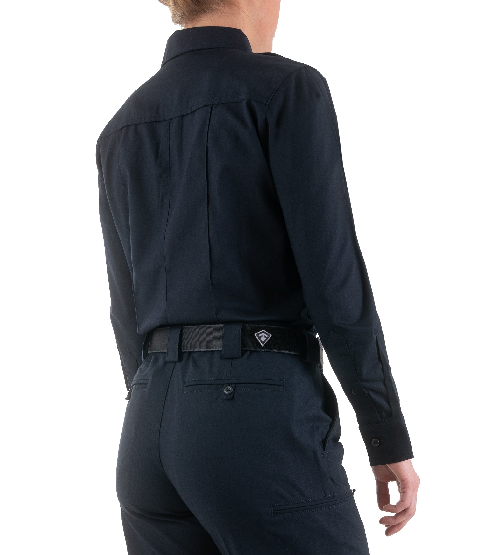 Side of Women's Pro Duty Uniform Shirt in Midnight Navy |color_midnight navy