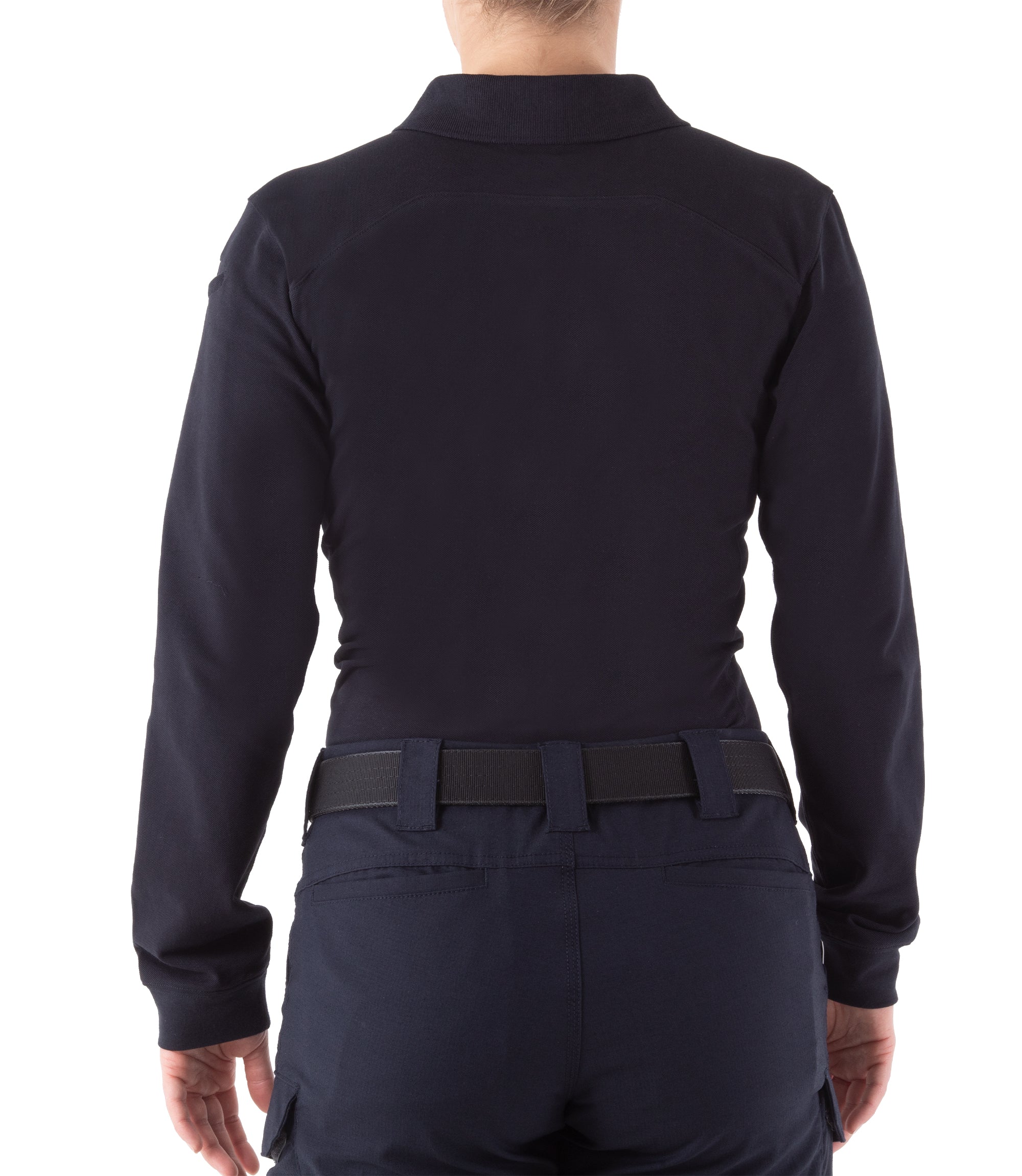 Back of Women's Cotton Long Sleeve Polo in Midnight Navy |color_midnight navy