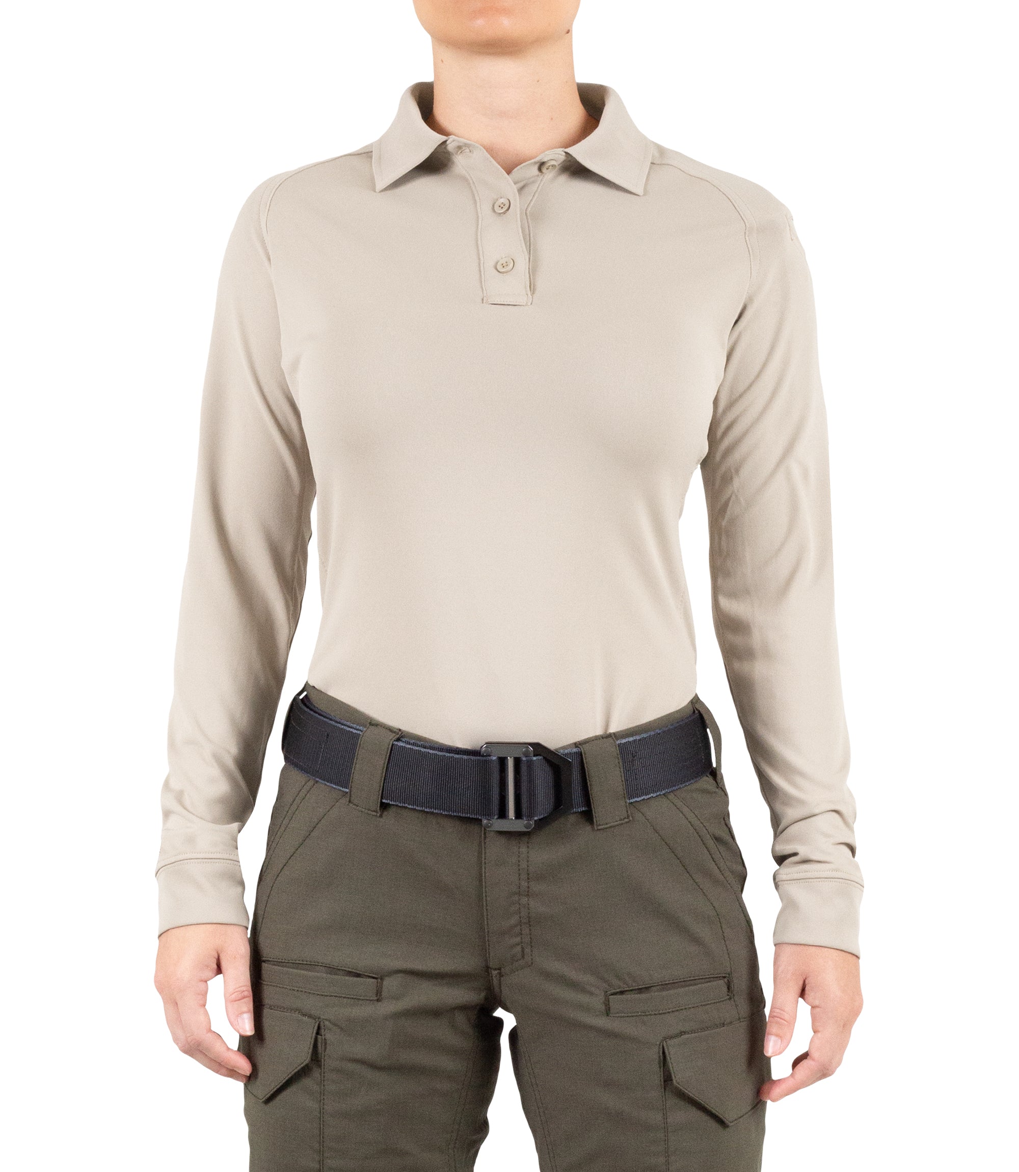Front of Women's Performance Long Sleeve Polo in Khaki |color_khaki