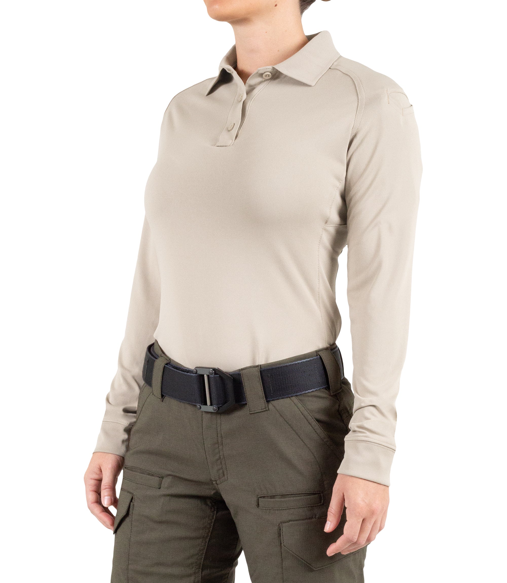 Side of Women's Performance Long Sleeve Polo in Khaki |color_khaki