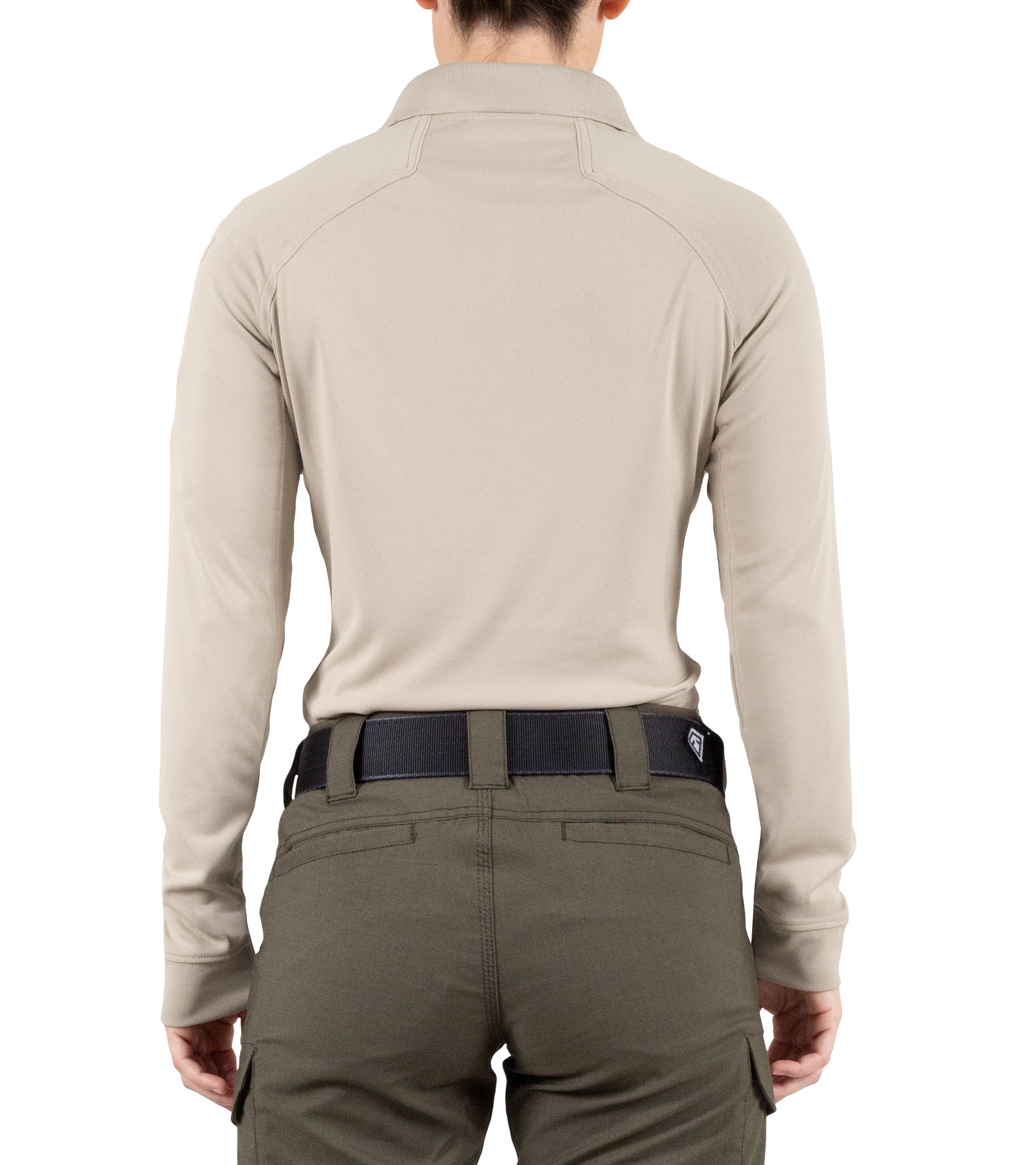 Back of Women's Performance Long Sleeve Polo in Khaki |color_khaki