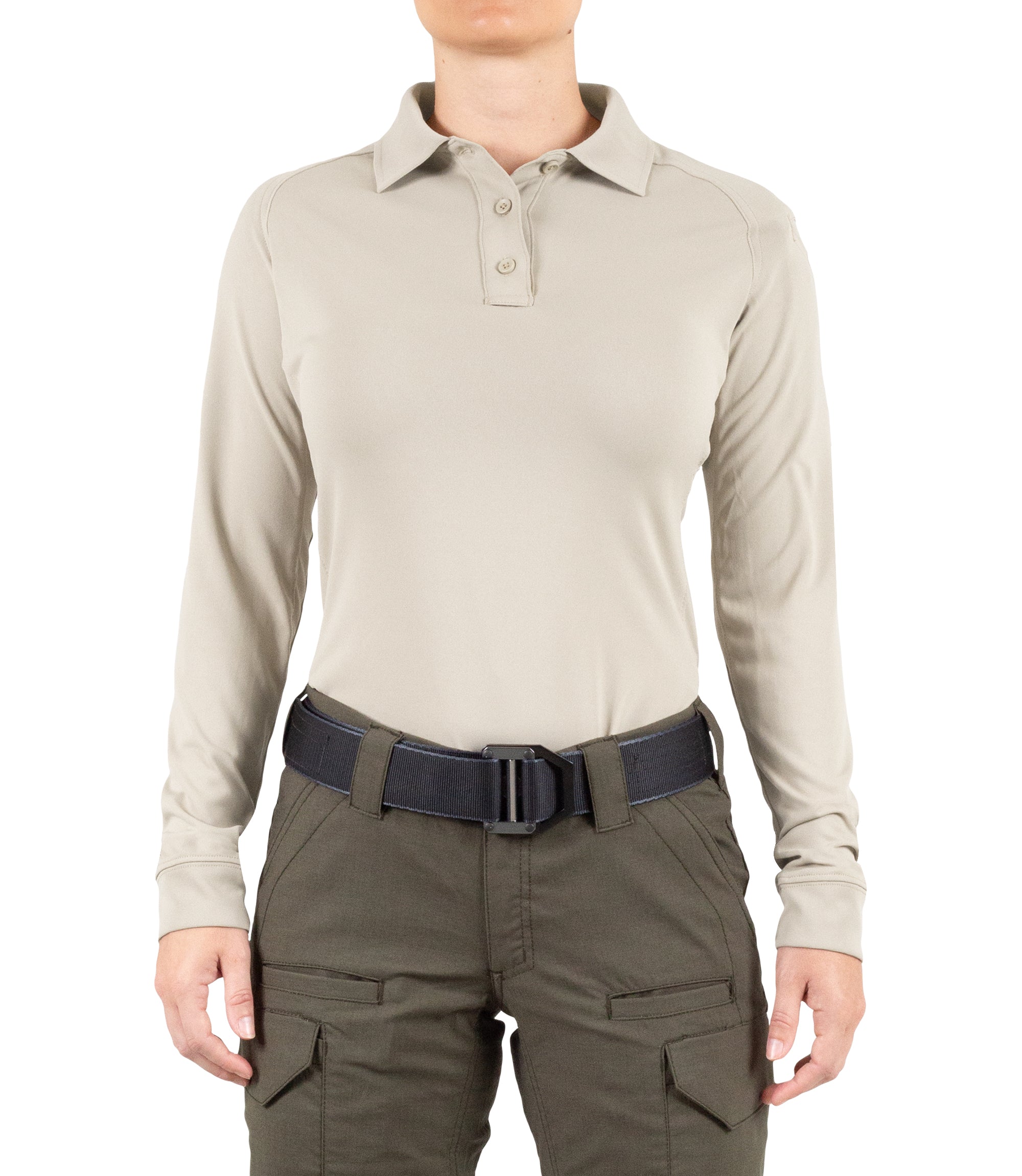 Front of Women's Performance Long Sleeve Polo in Silver Tan |color_silver tan