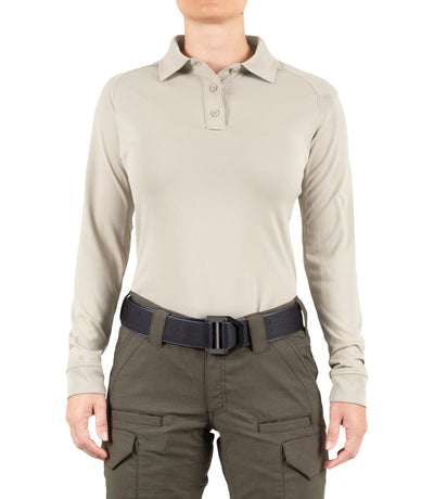 Front of Women's Performance Long Sleeve Polo in Silver Tan