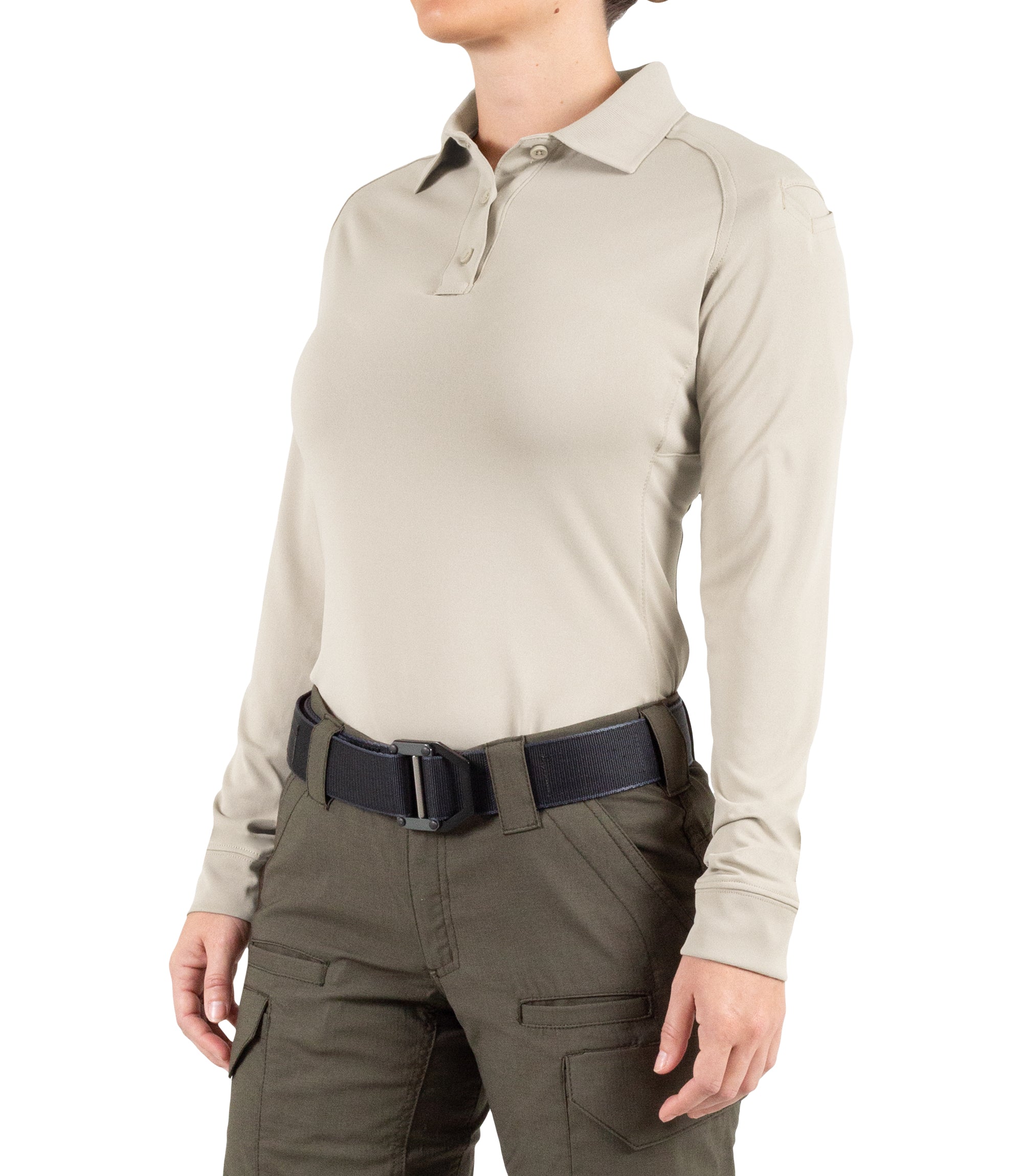 Side of Women's Performance Long Sleeve Polo in Silver Tan |color_silver tan