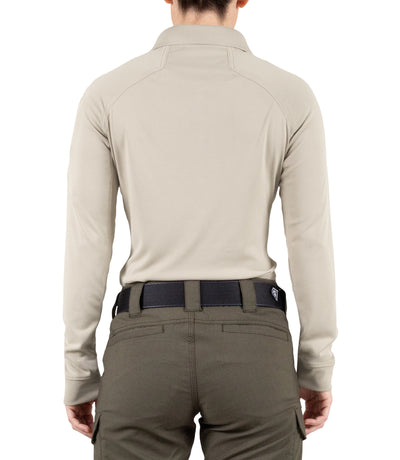 Back of Women's Performance Long Sleeve Polo in Silver Tan