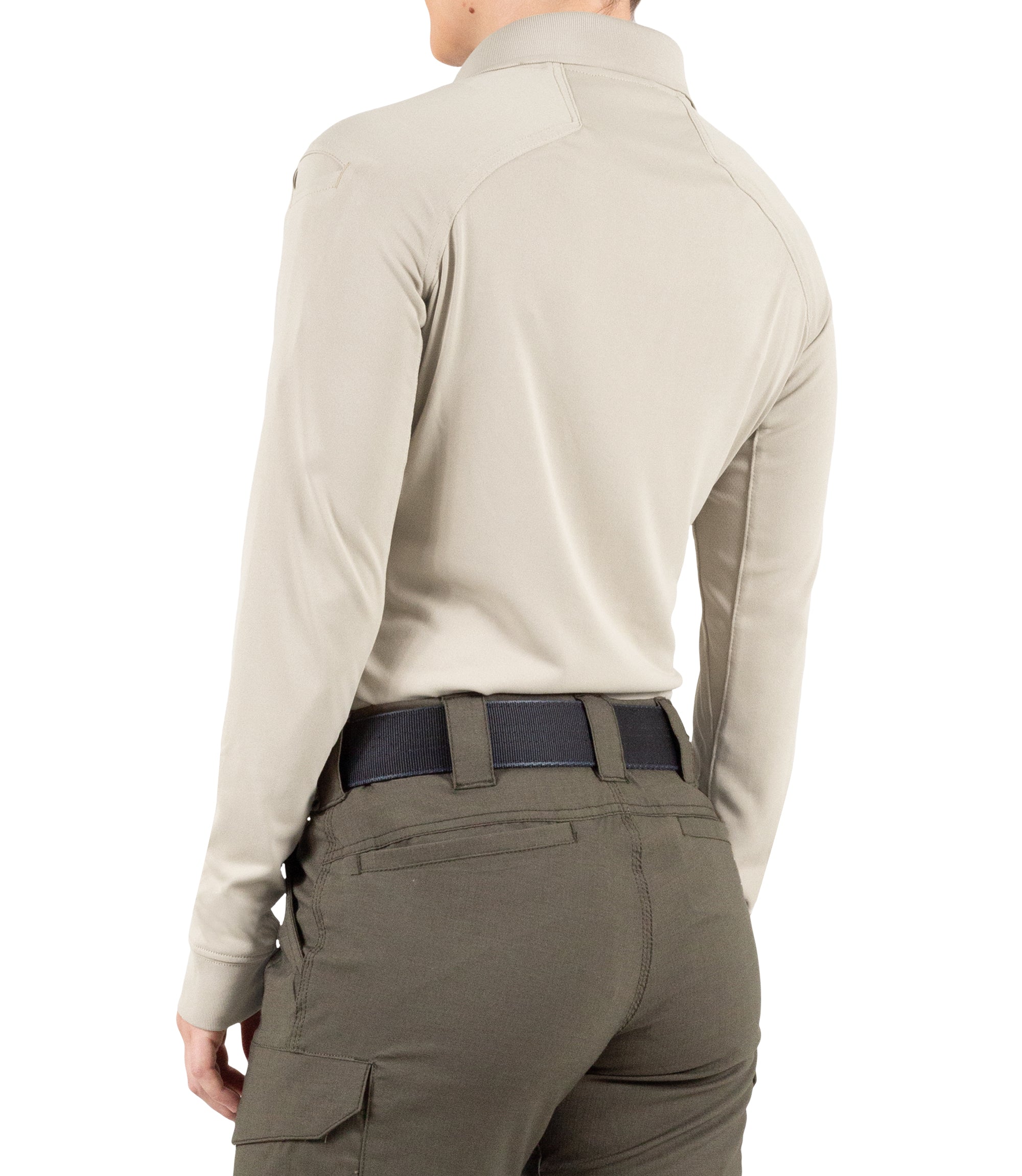 Back of Women's Performance Long Sleeve Polo in Silver Tan |color_silver tan