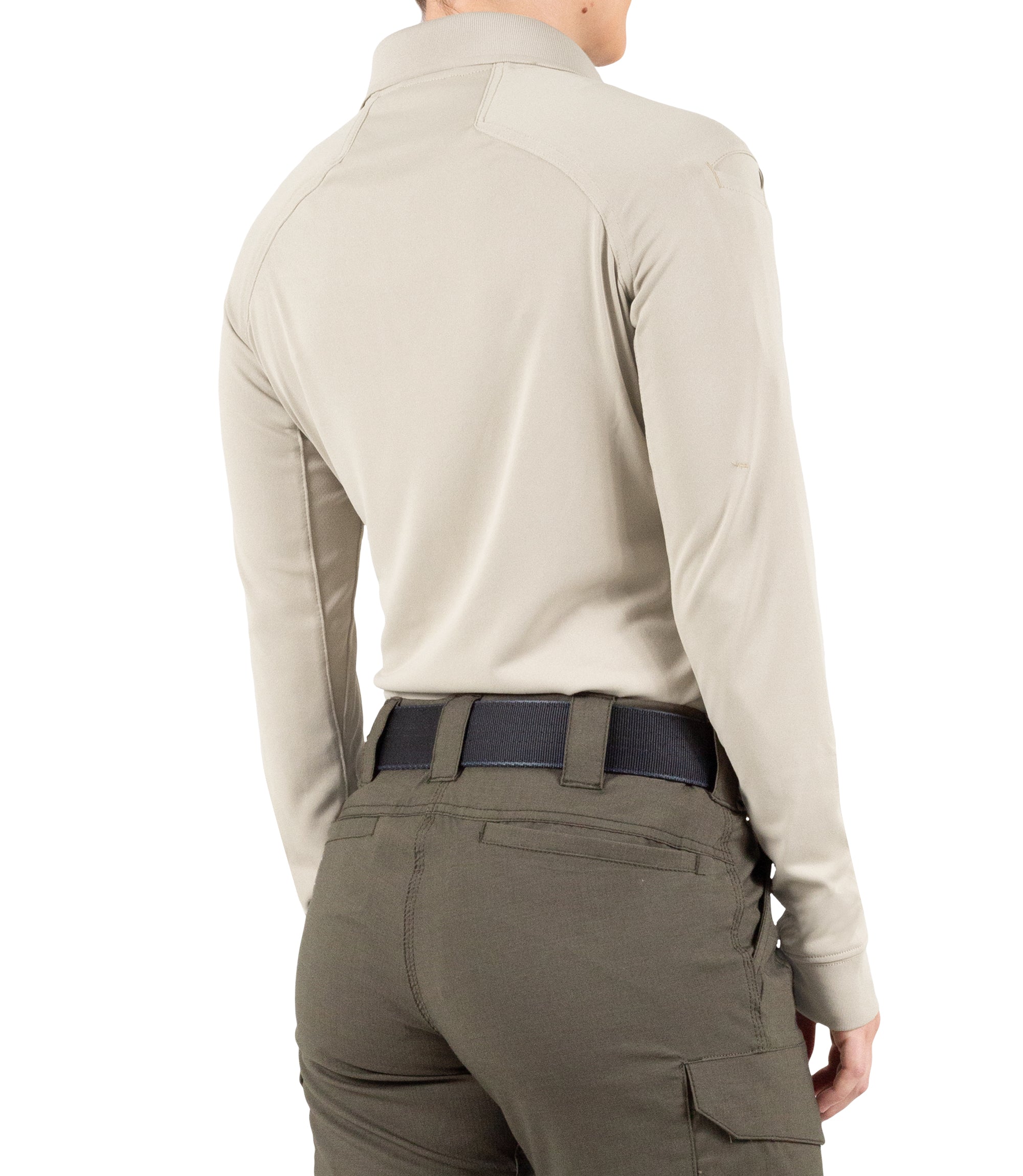 Side of Women's Performance Long Sleeve Polo in Silver Tan |color_silver tan