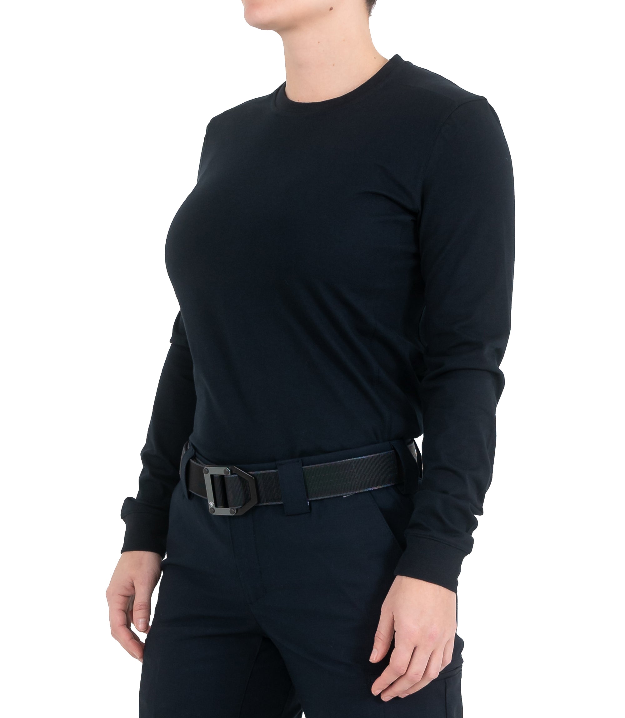 Left front side view of Women's Tactix Cotton Long Sleeve T-Shirt in Midnight Navy |color_midnight navy