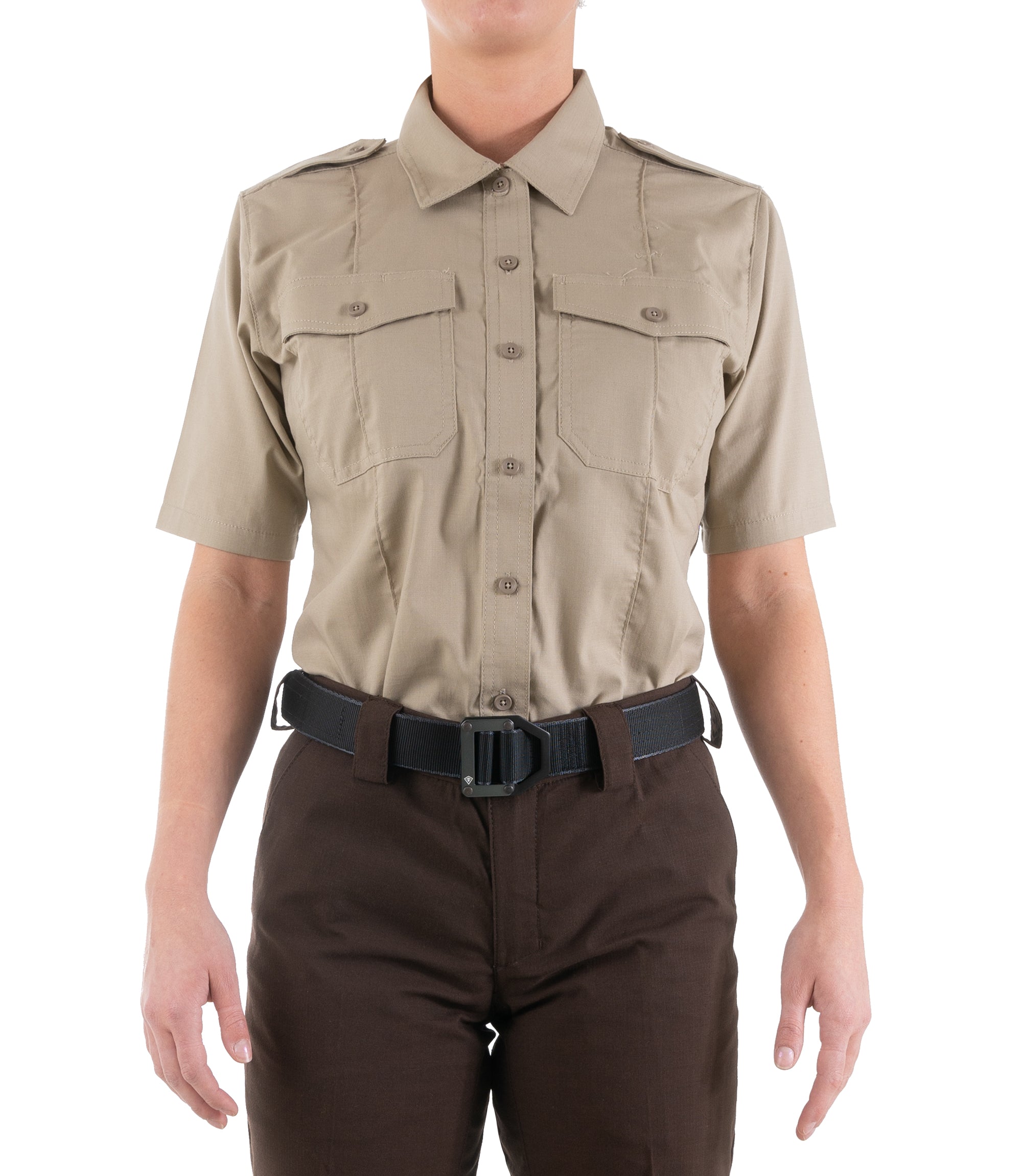 Front of Women's Pro Duty Uniform Short Sleeve Shirt in Silver Tan |color_silver tan