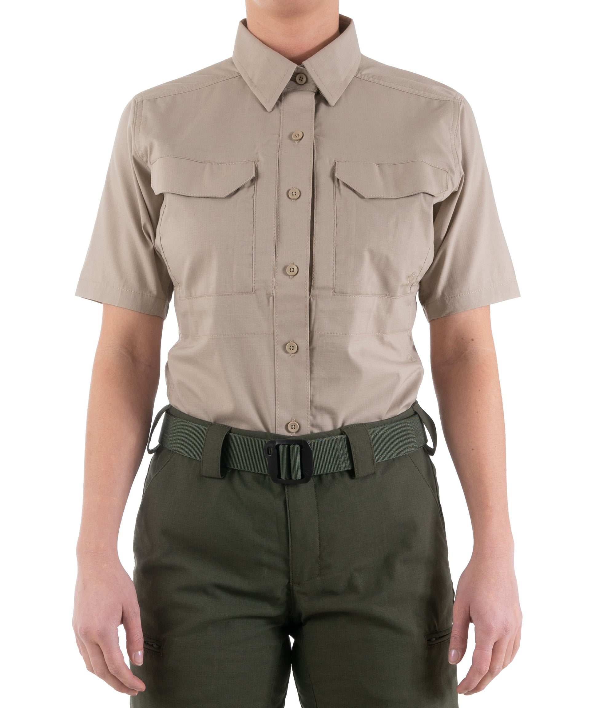 Front of Women's V2 Tactical Short Sleeve Shirt in Khaki |color_khaki