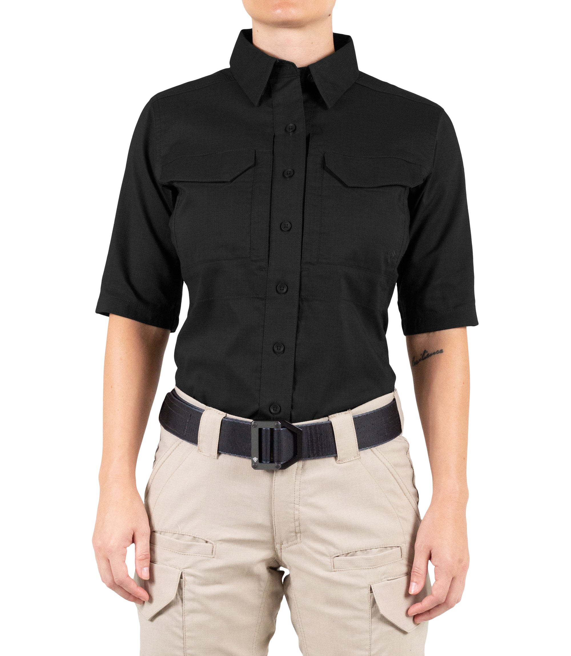 Front of Women's V2 Tactical Short Sleeve Shirt in Black |color_black