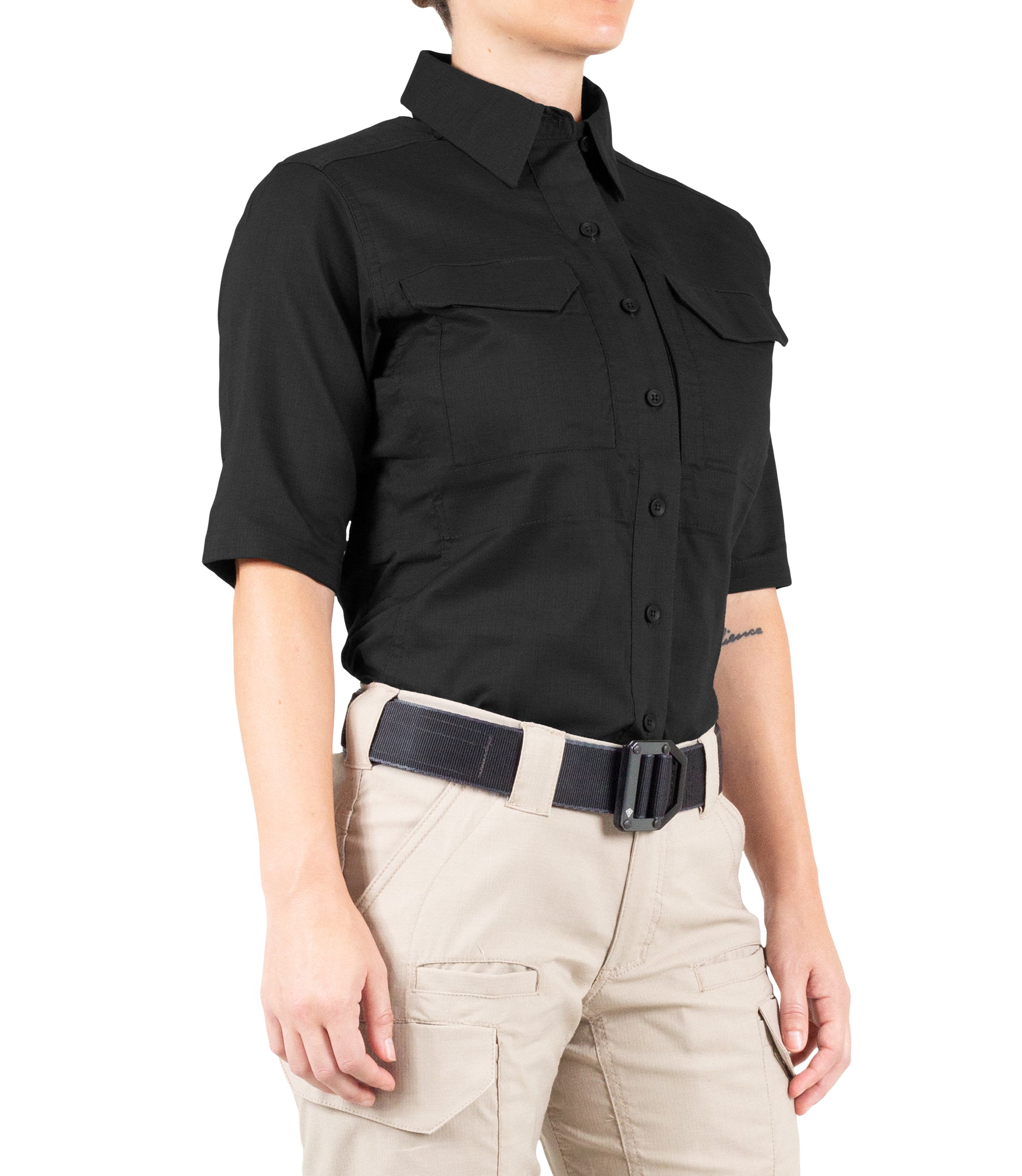 Side of Women's V2 Tactical Short Sleeve Shirt in Black |color_black