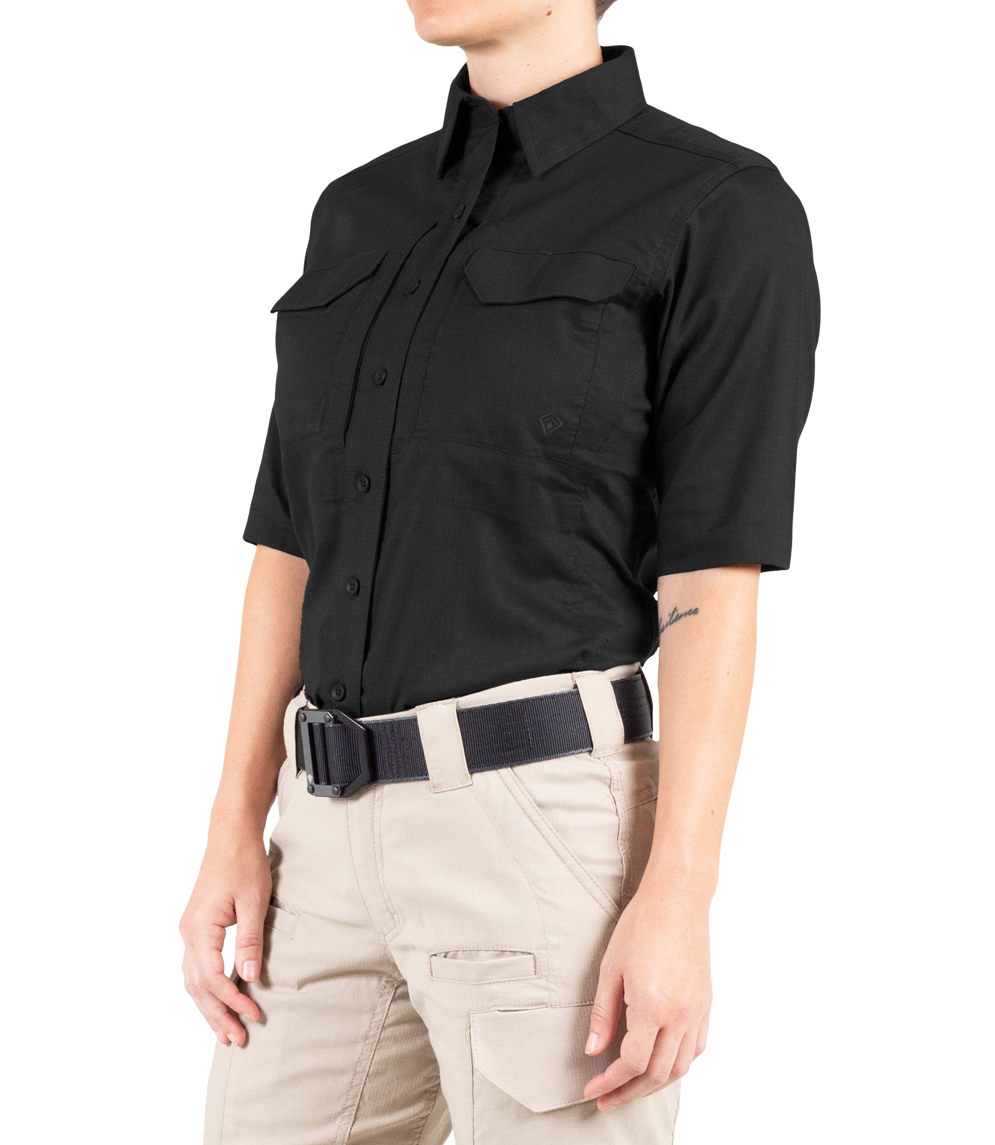 Side of Women's V2 Tactical Short Sleeve Shirt in Black |color_black