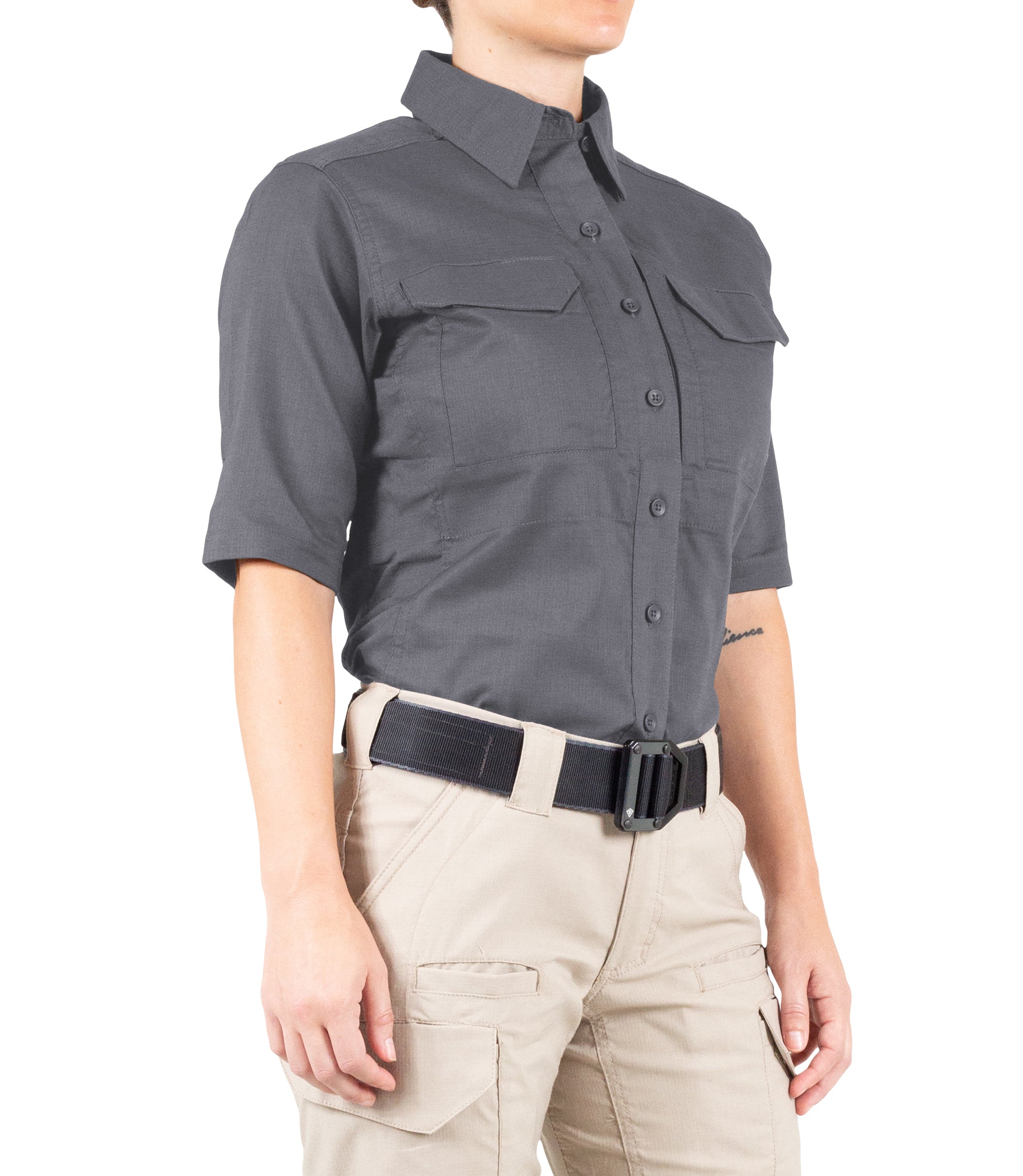 Side of Women's V2 Tactical Short Sleeve Shirt in Wolf Grey |color_wolf grey